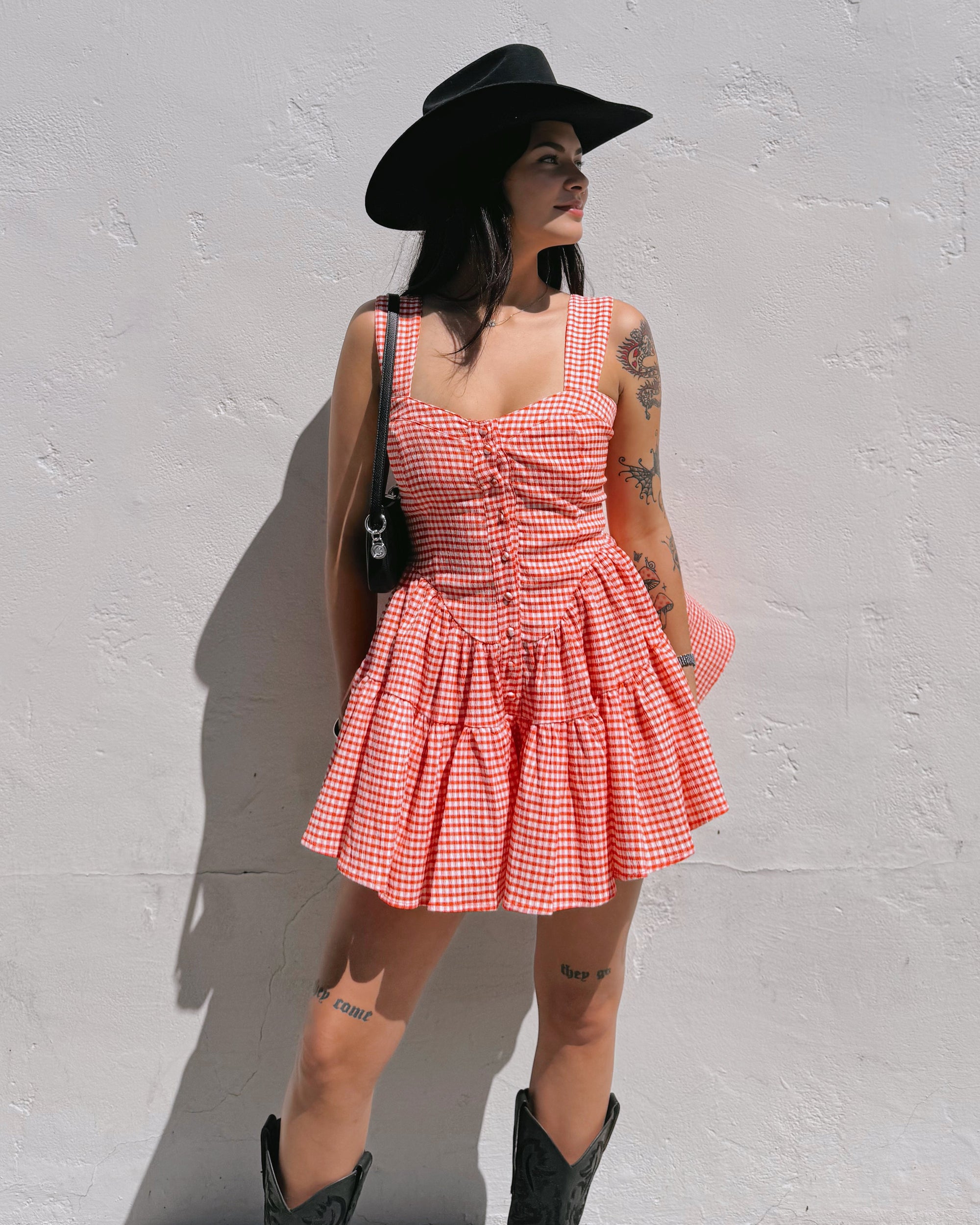 Gingham Romper Dress - Red