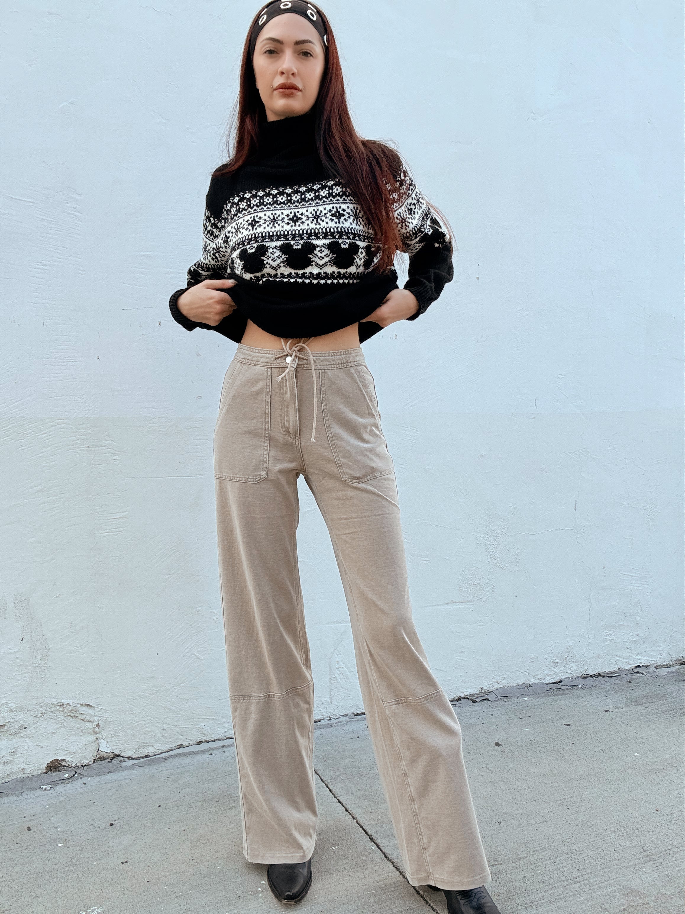 Washed Denim Pants - Almond