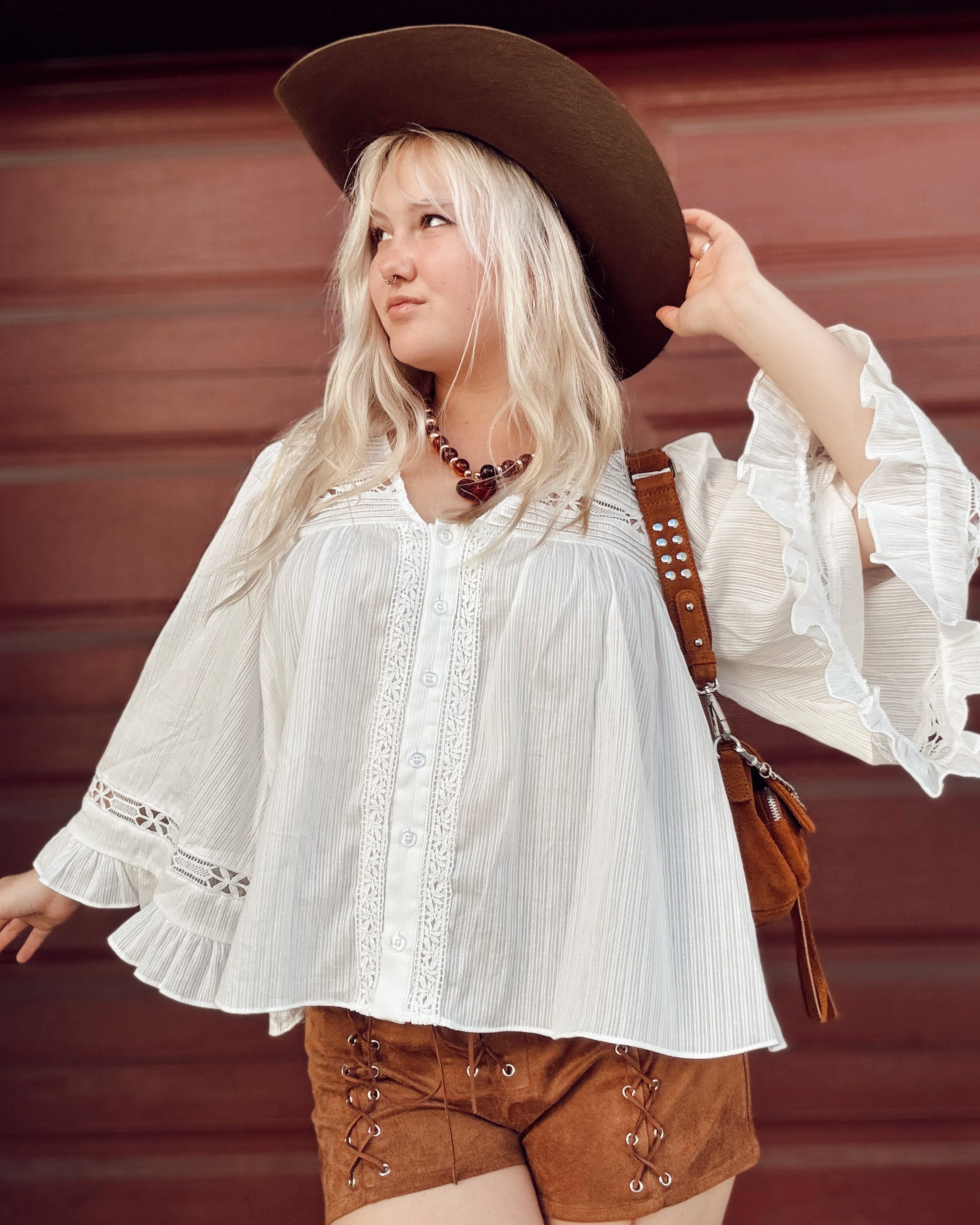 Bell Sleeve Crochet Trim Top