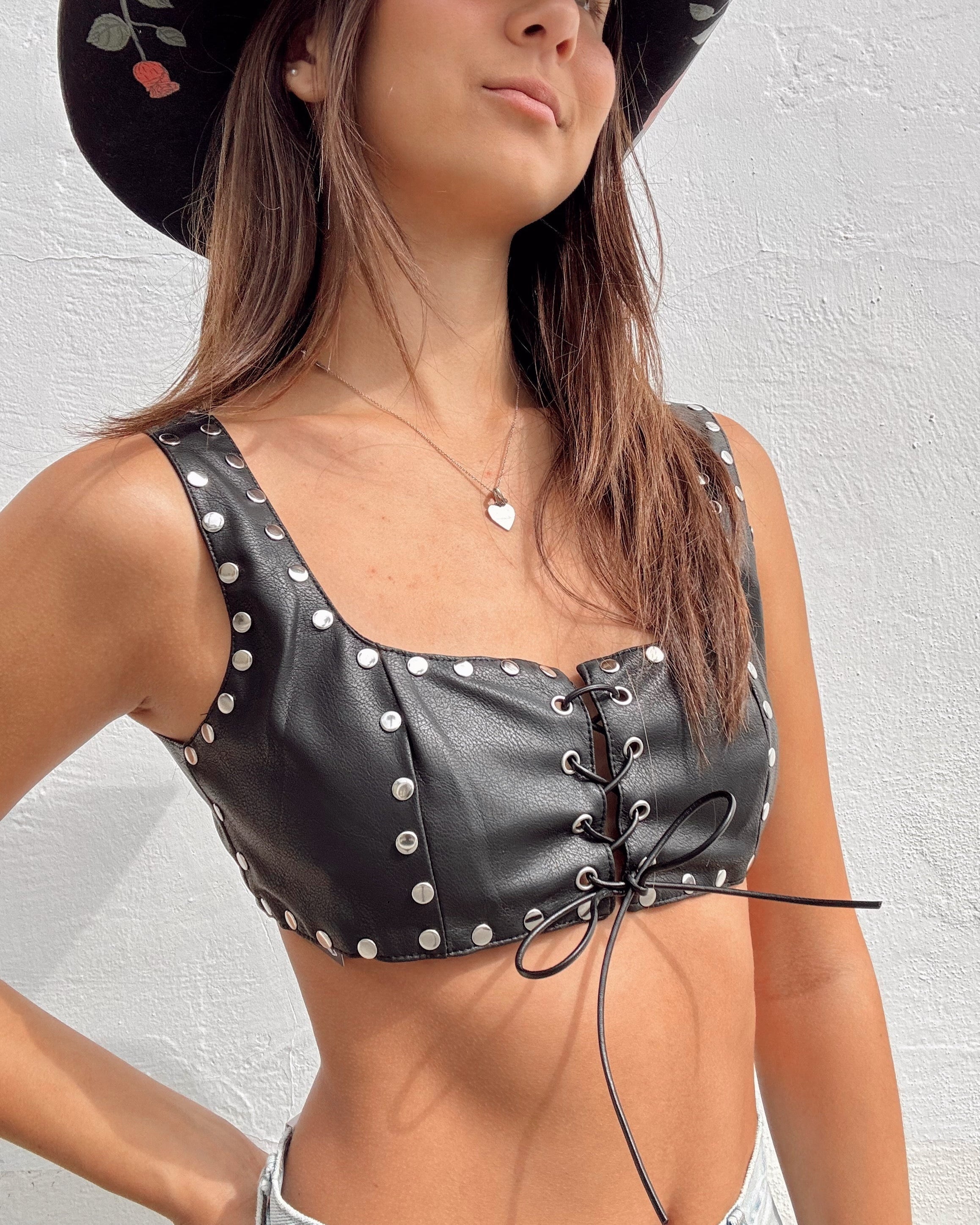 Leather Studded Tie Front Top - Burnout