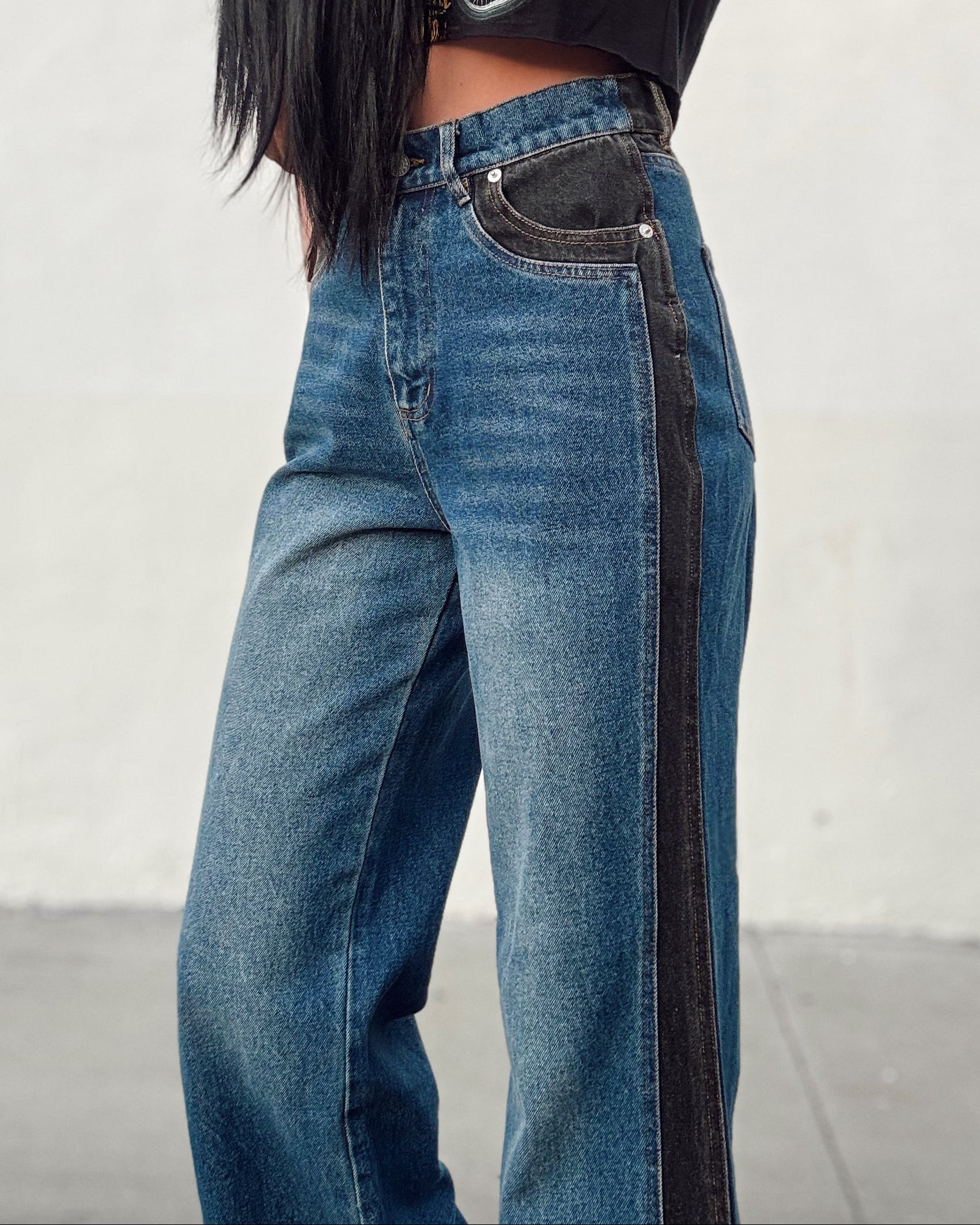 Western Two Tone Wide Leg Jeans