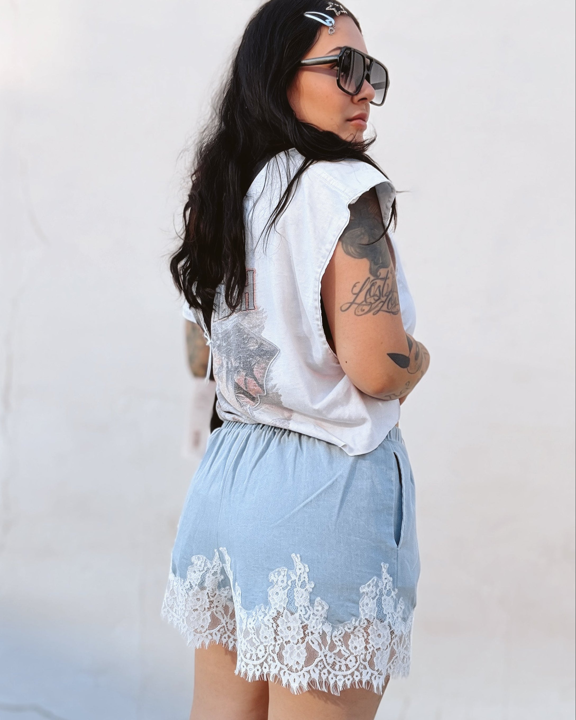 Lace Trim Denim Shorts