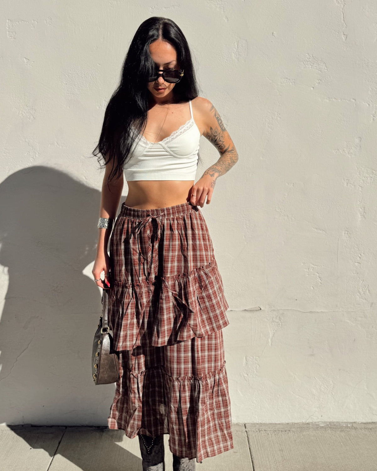 Plaid Tiered Ruffle Maxi Skirt