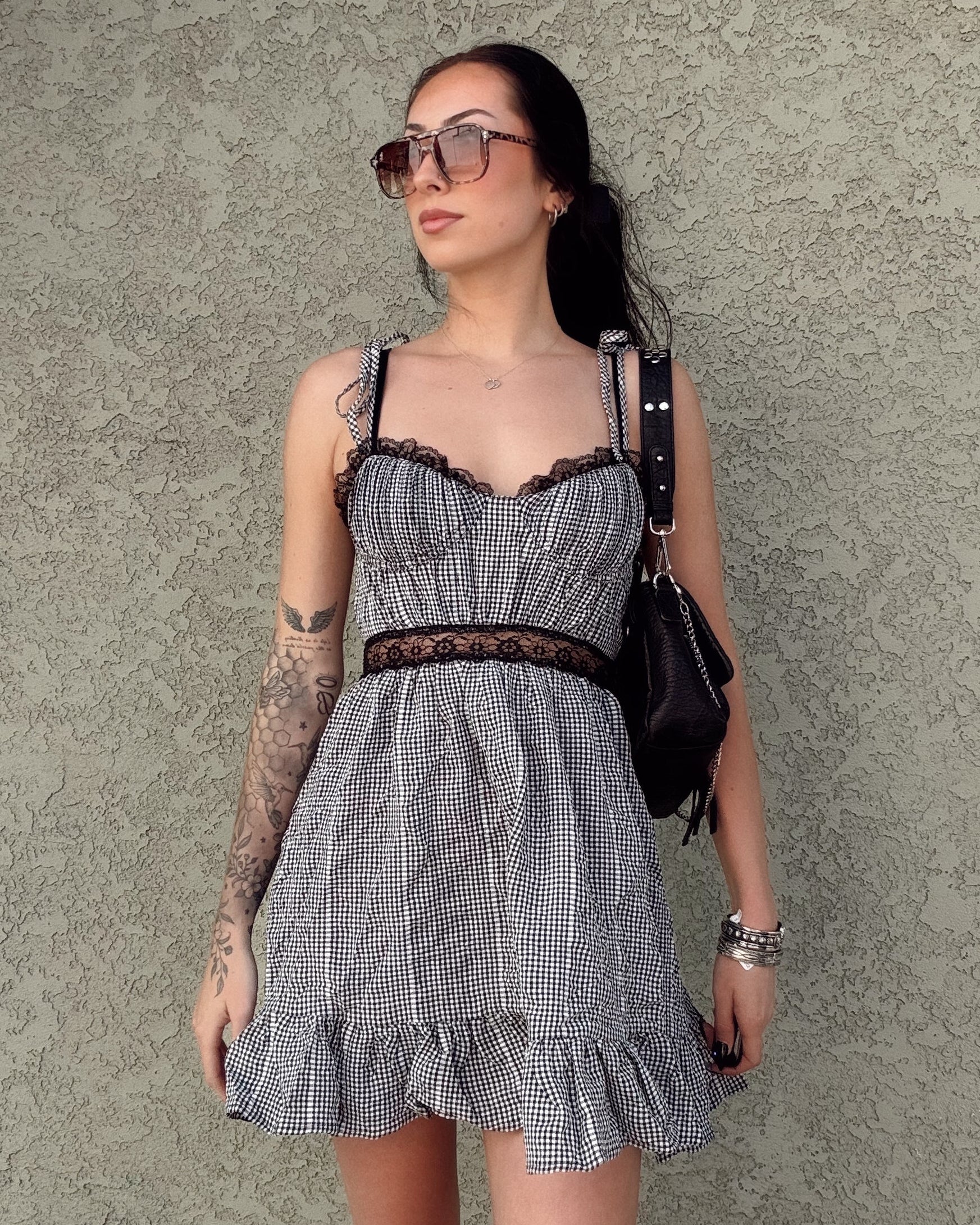 Lace Trim Gingham Mini Dress