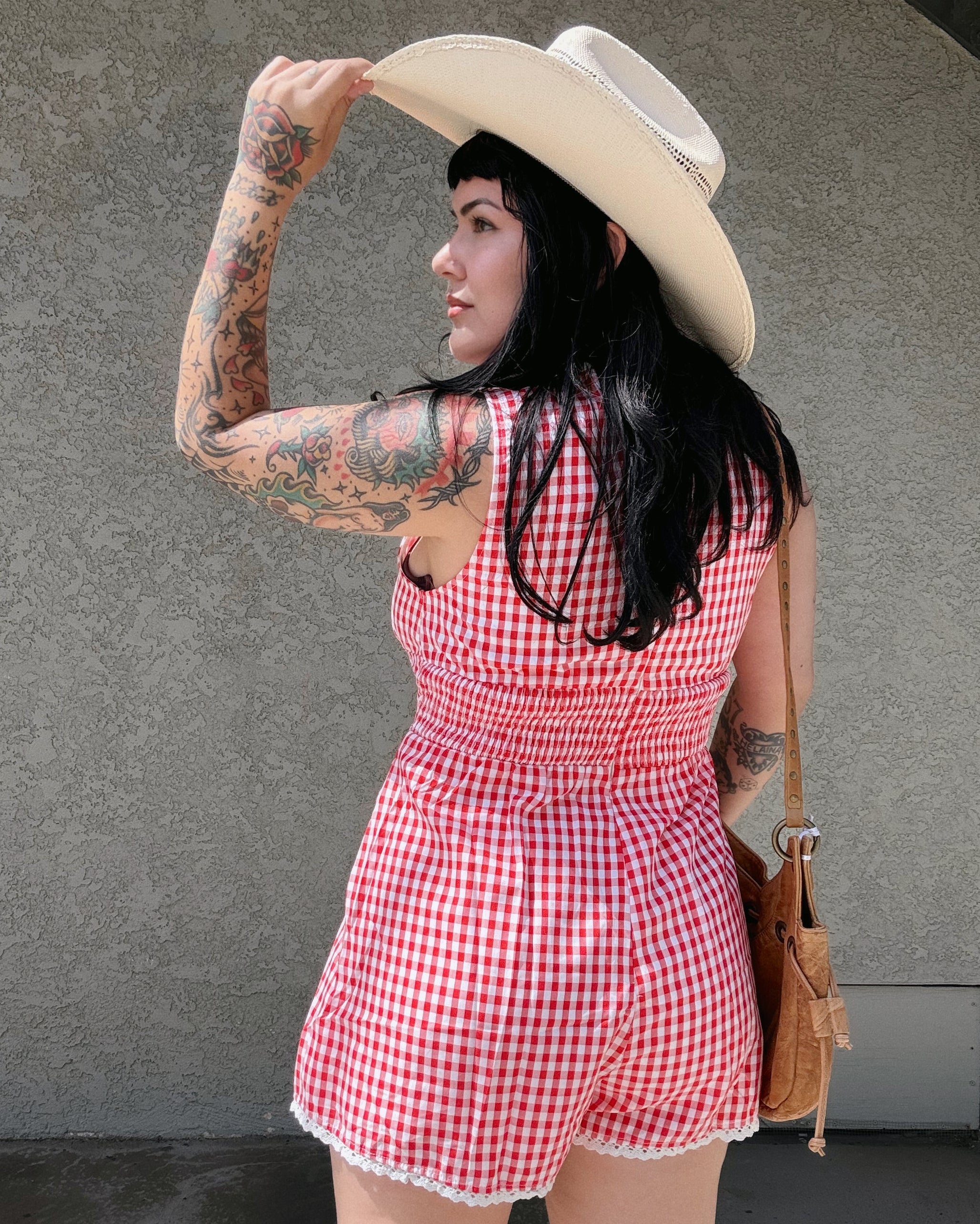 Lace Trim Gingham Romper