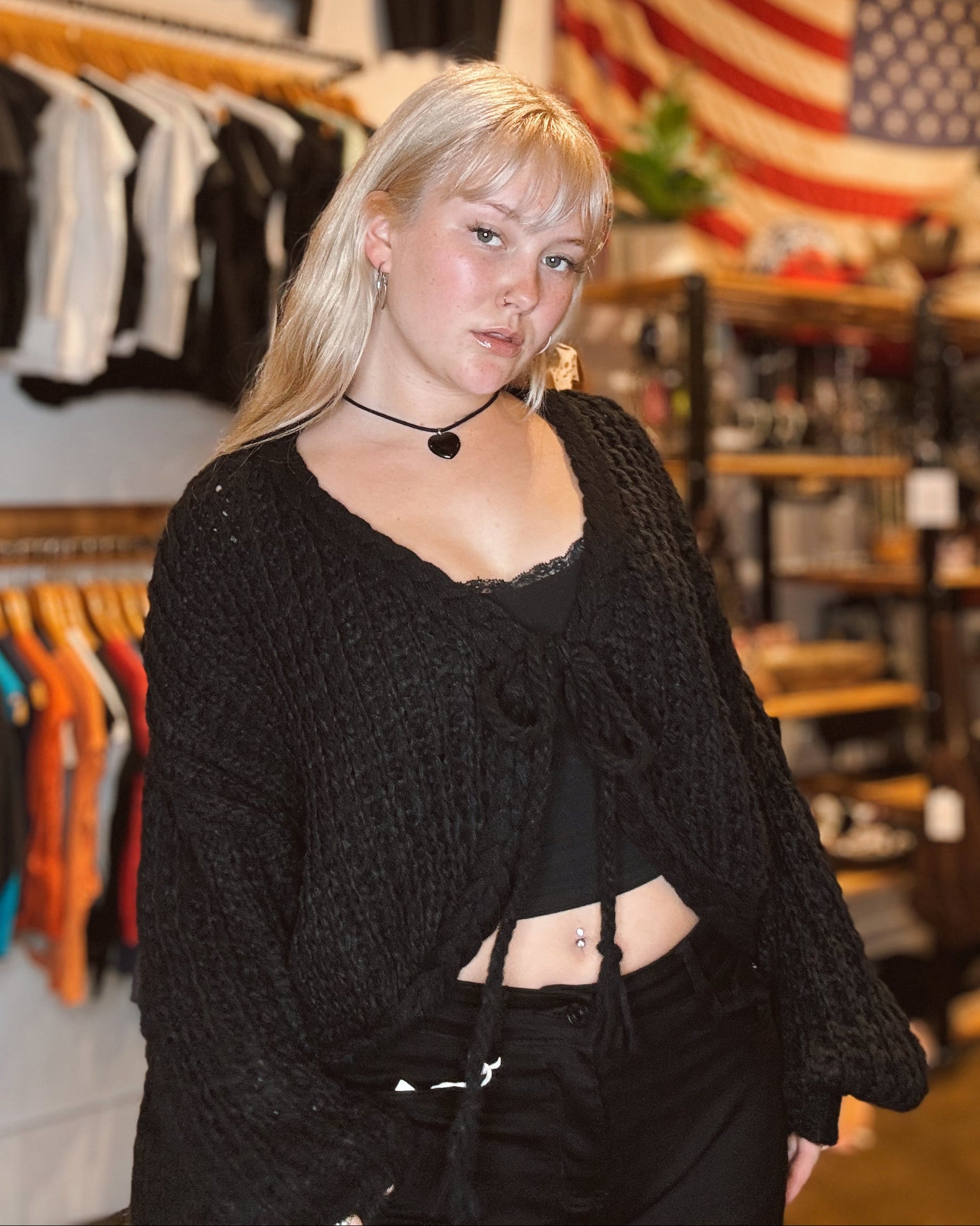 Tie Front Chunky Knit Cardigan - Black