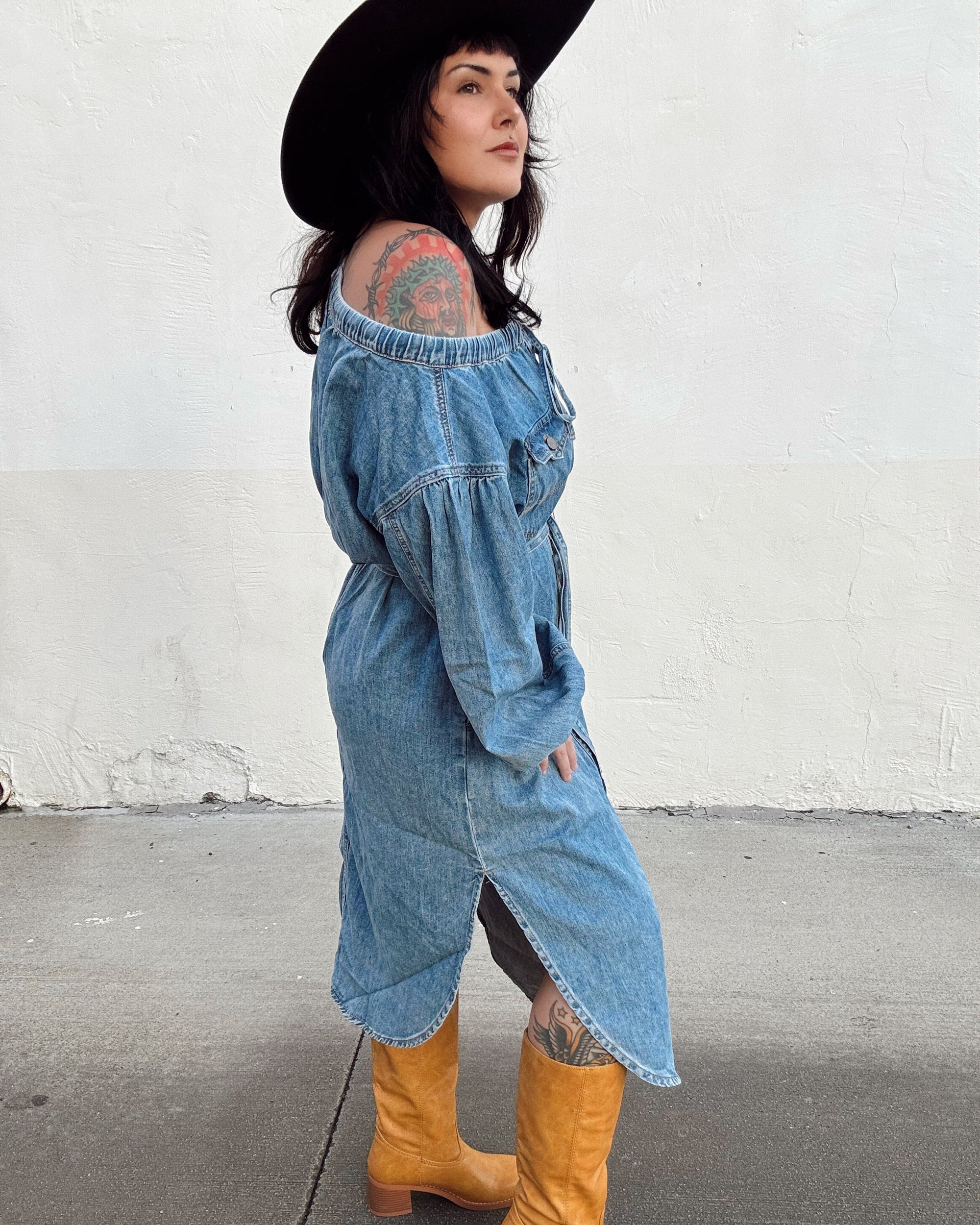 Off The Shoulder Denim Midi Dress