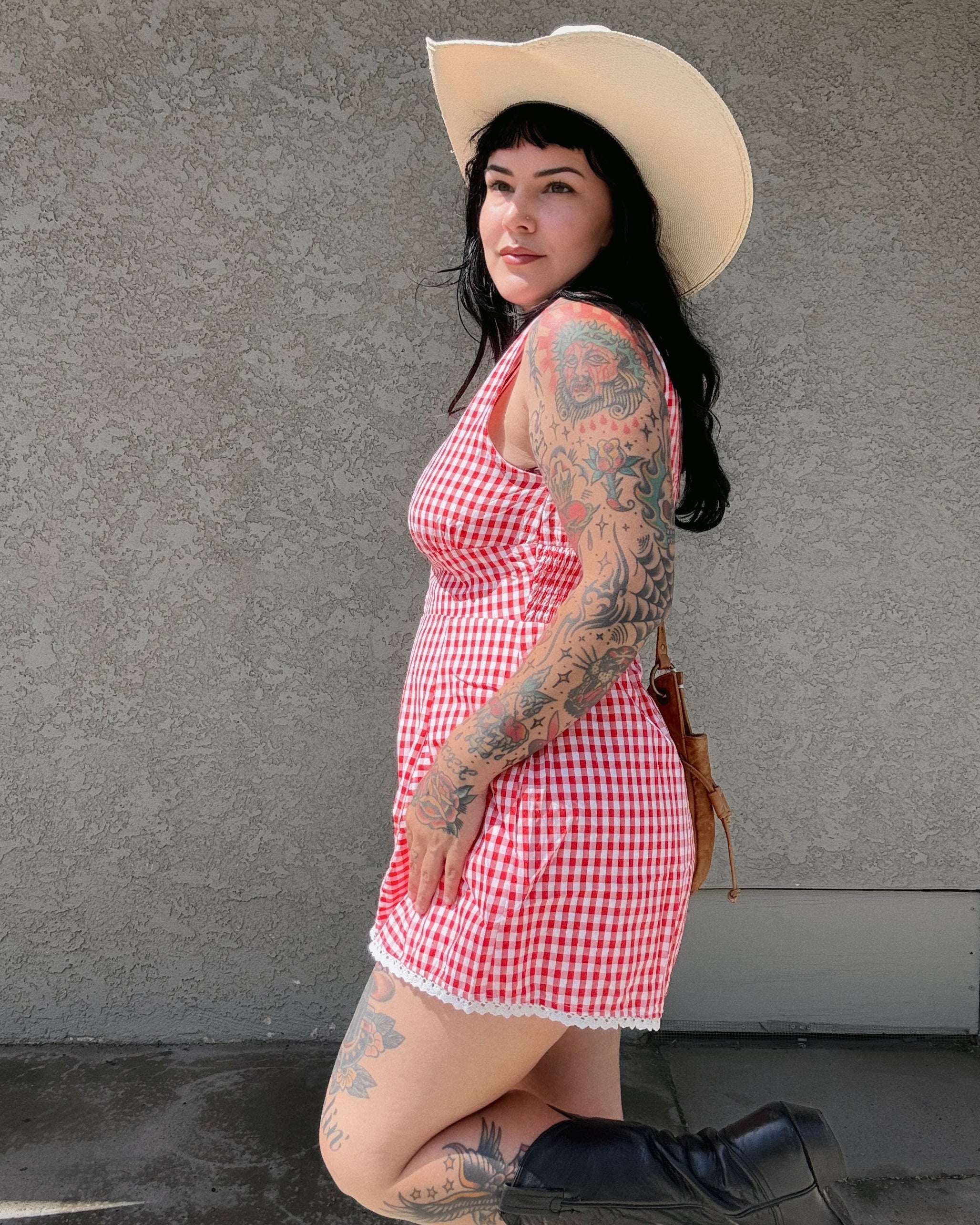 Lace Trim Gingham Romper