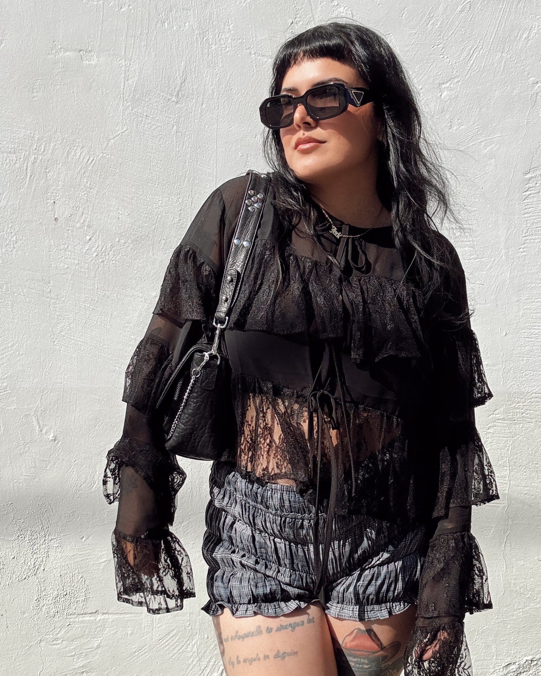 Ruffle Lace Long Sleeve Top - Black
