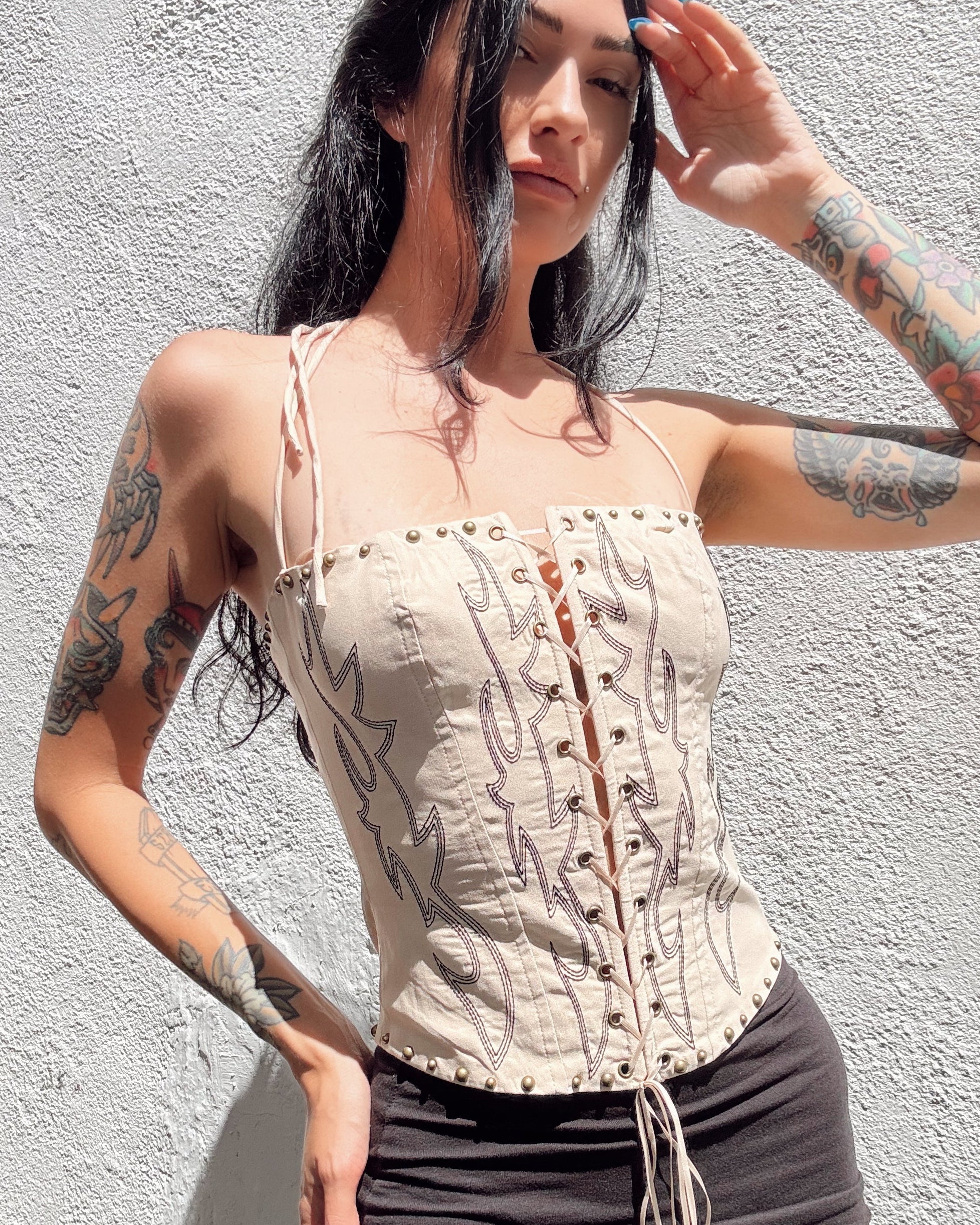 Studded Stitch Corset Top - Cream - Burnout