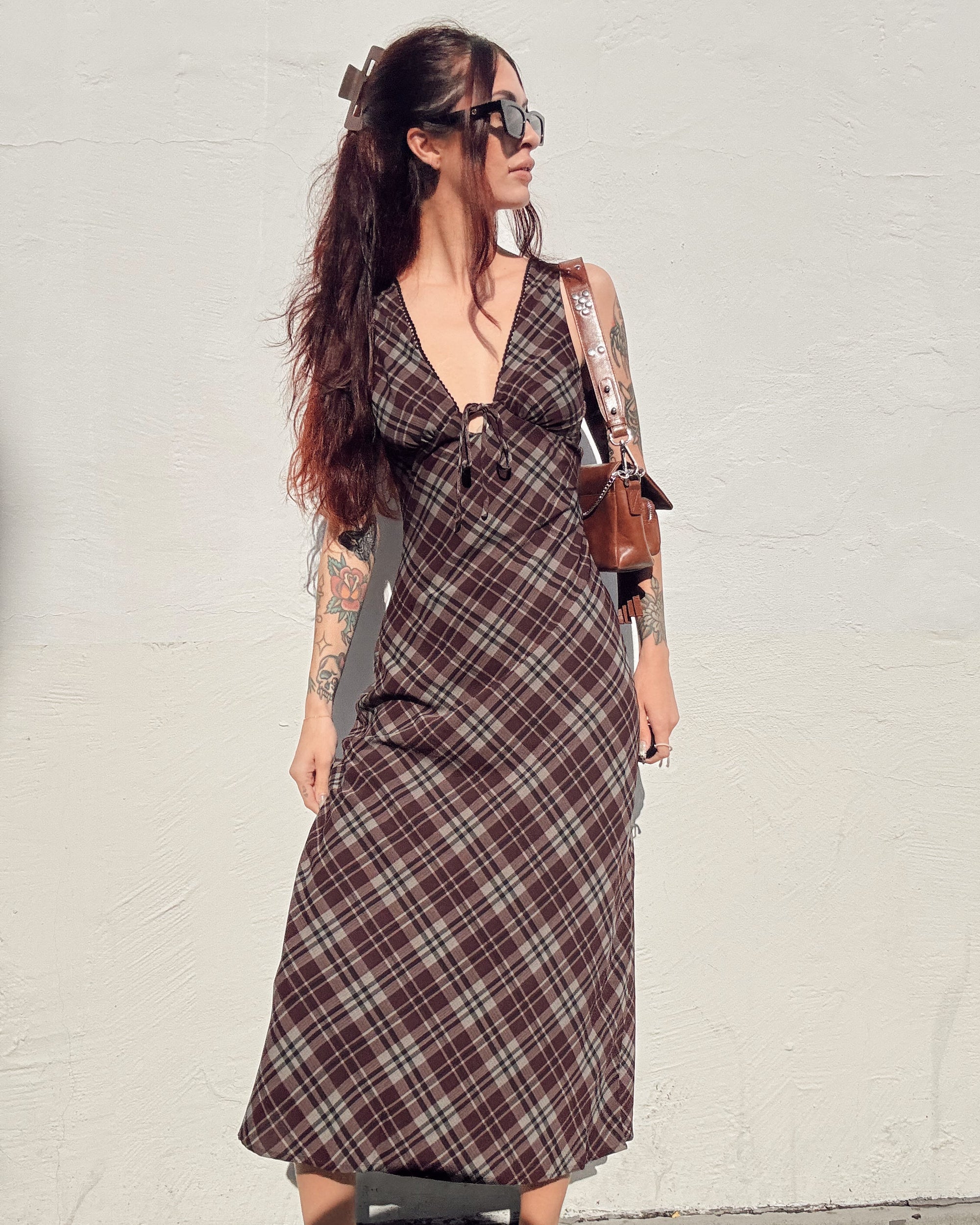 Lace Trim Plaid Midi Dress