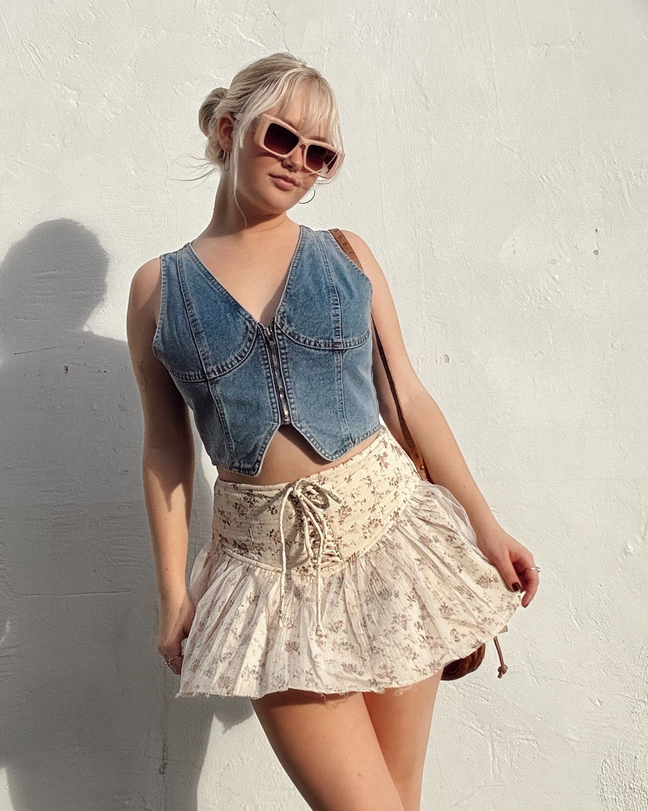 Floral Lace Up Mini Skort - Cream
