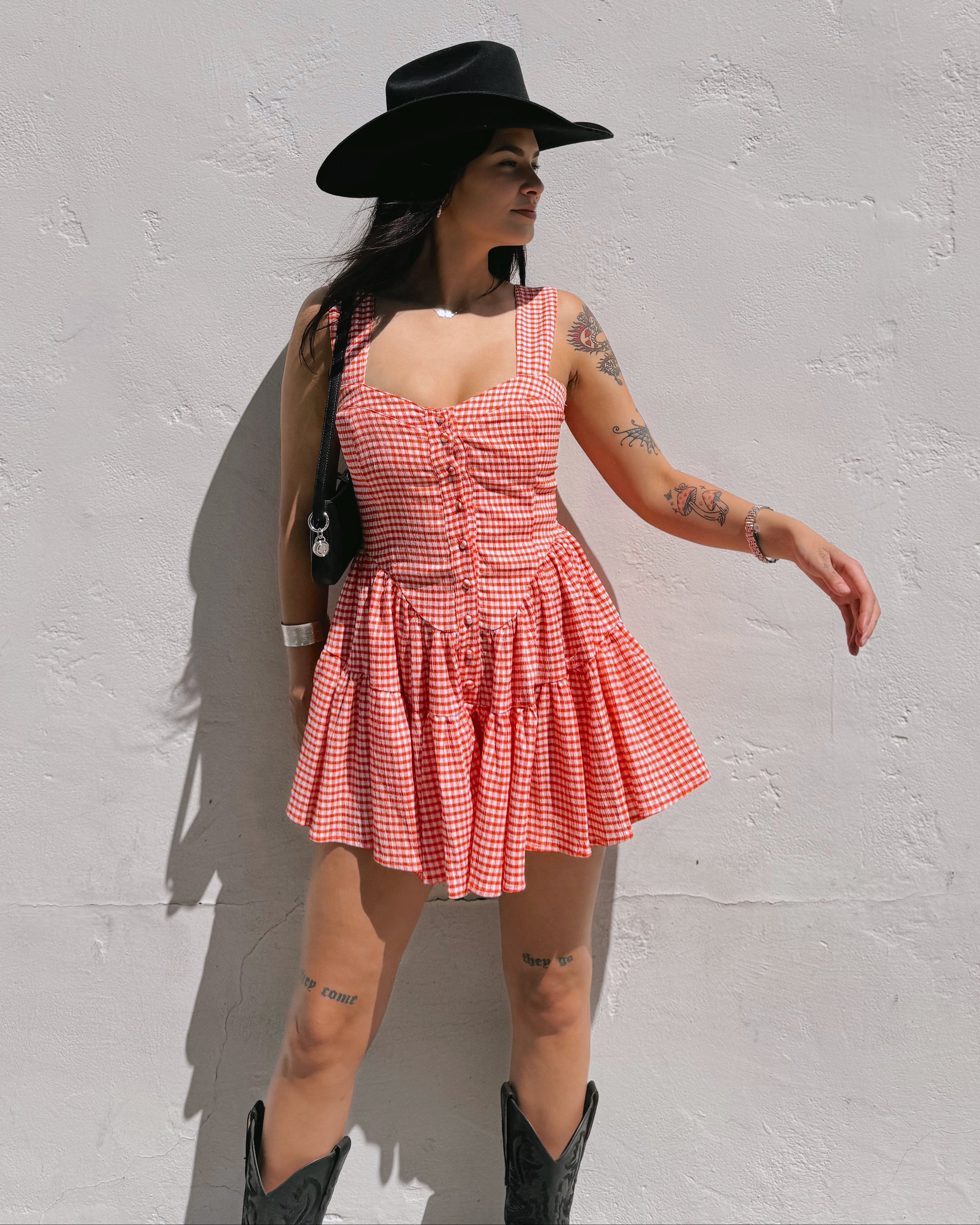 Gingham Romper Dress - Red