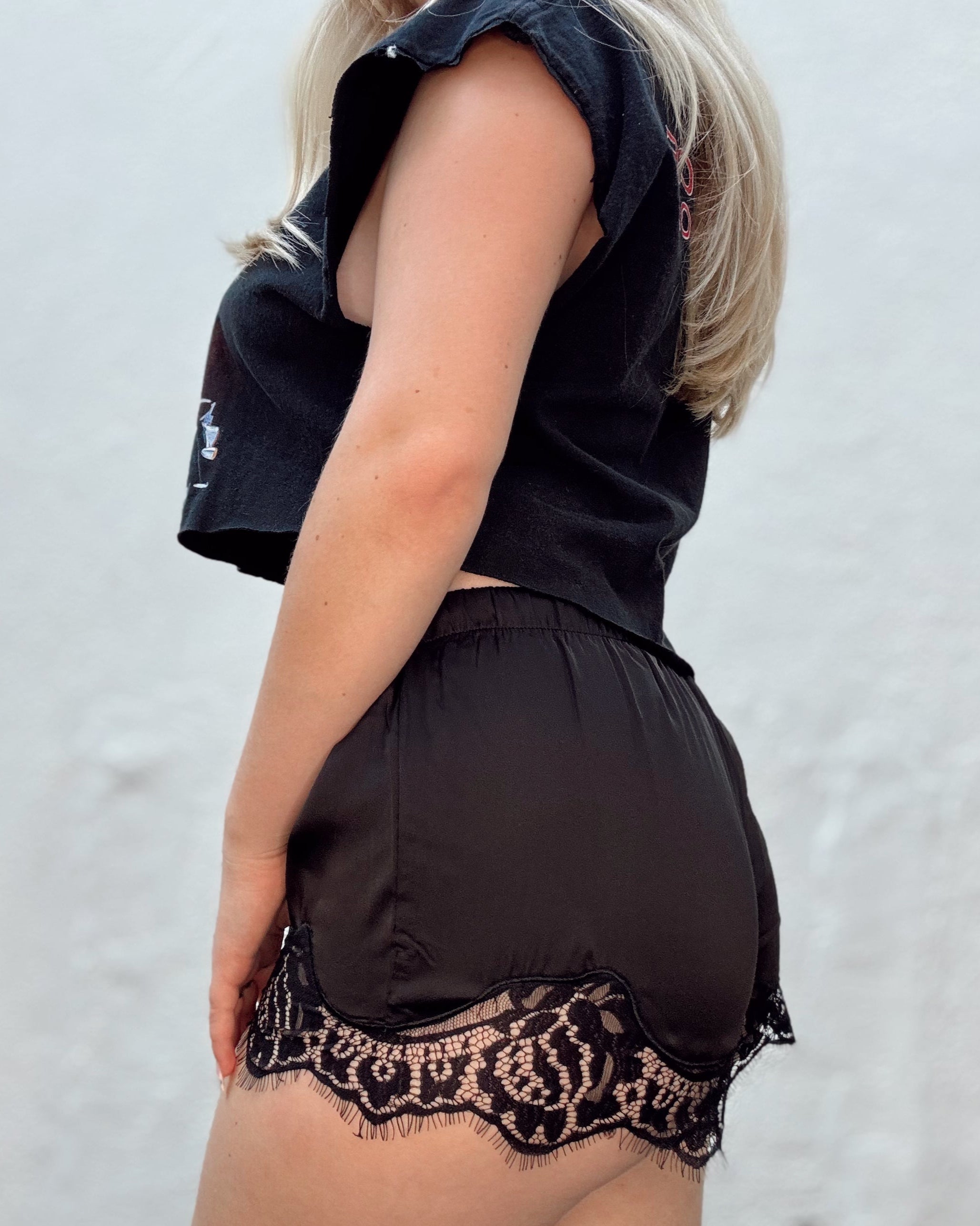 Lace Trim Satin Shorts - Burnout