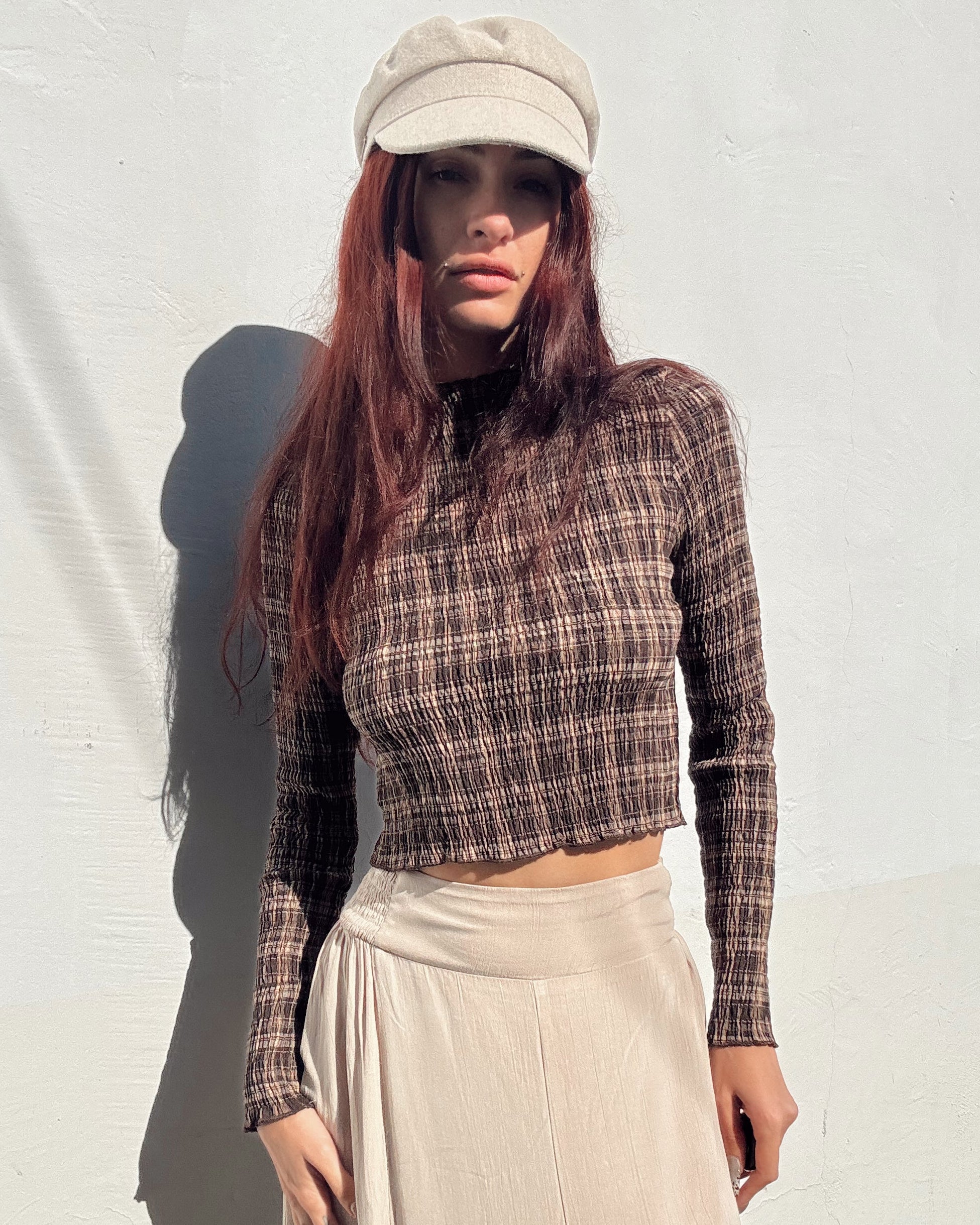 Plaid Smocked Long Sleeve Crop
