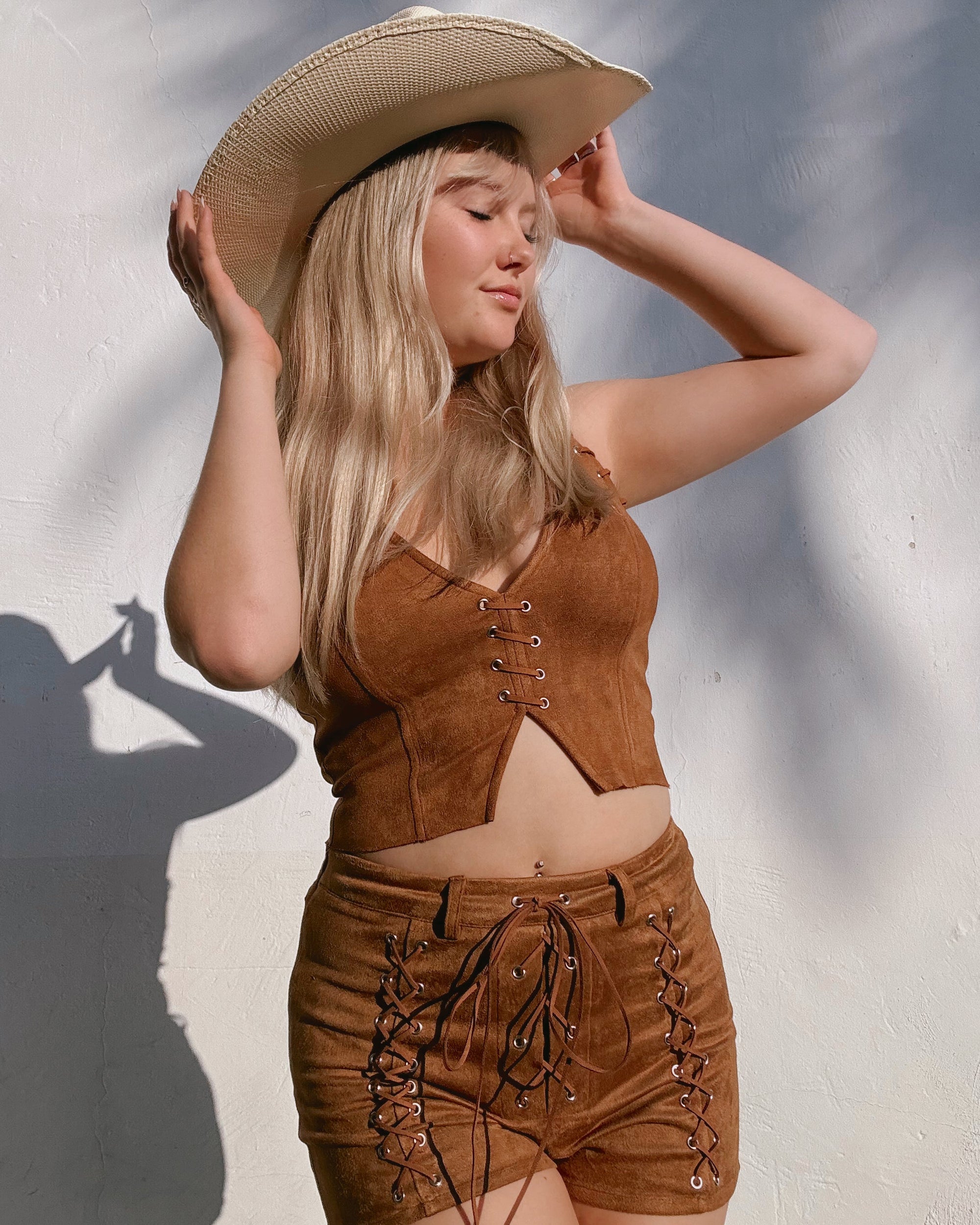 Suede Whipstitch Halter Top - Tan