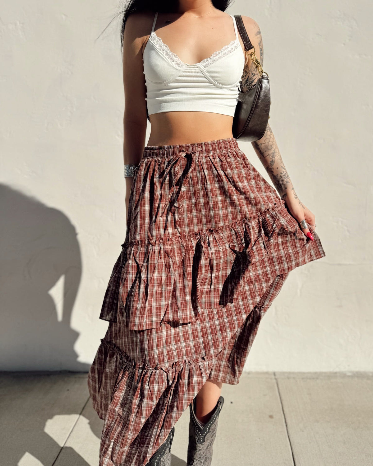 Plaid Tiered Ruffle Maxi Skirt