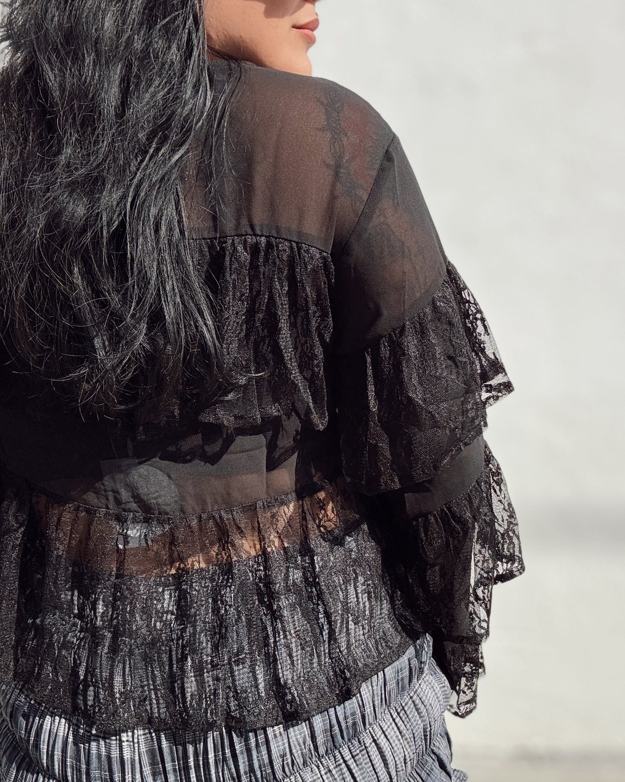 Ruffle Lace Long Sleeve Top - Black