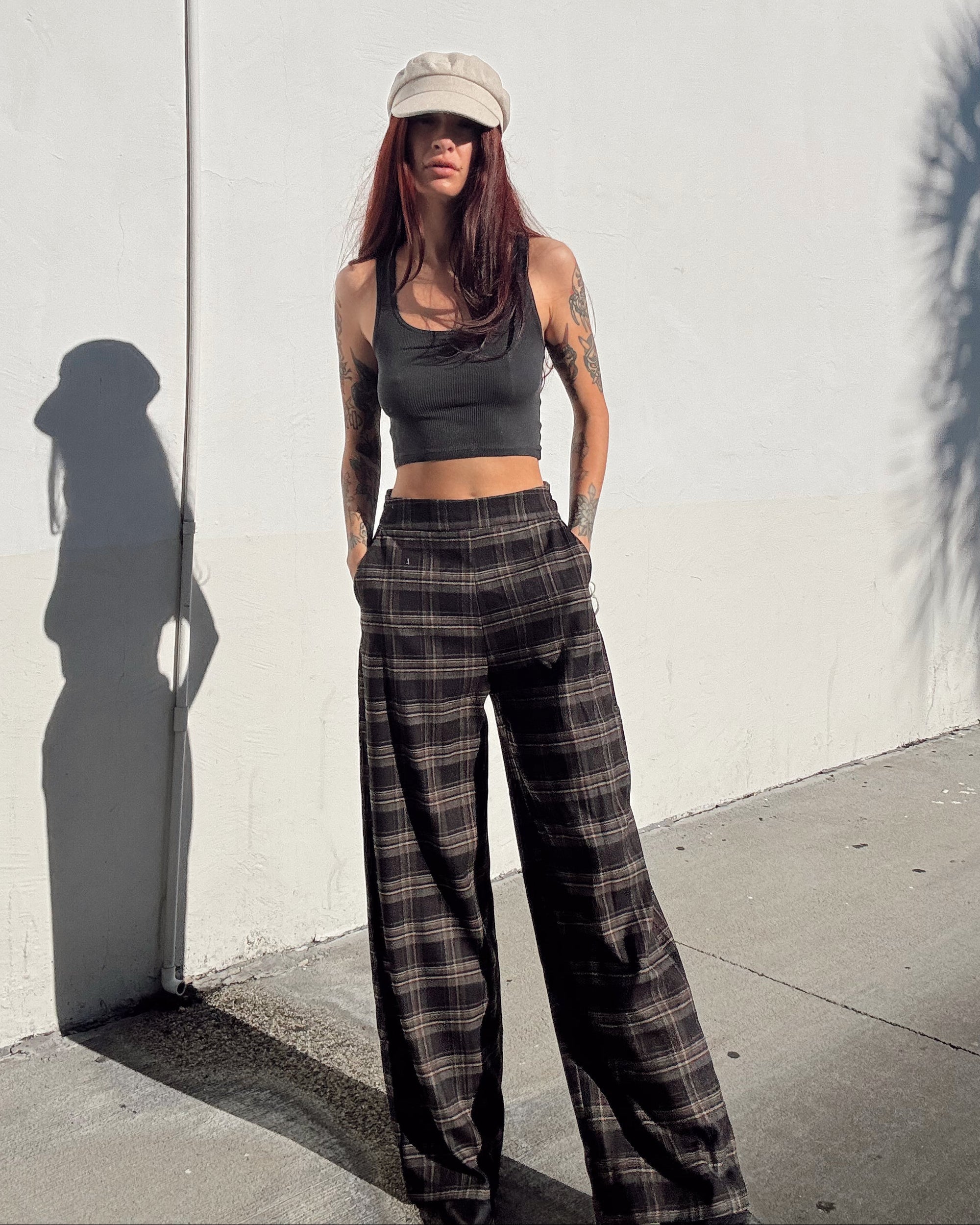 Wide Leg Plaid Pant - Black