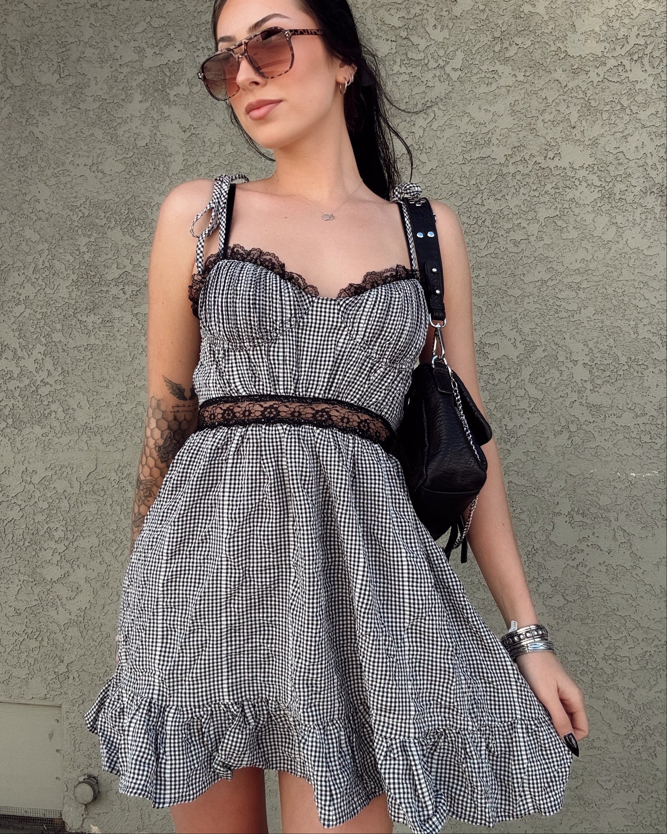 Lace Trim Gingham Mini Dress