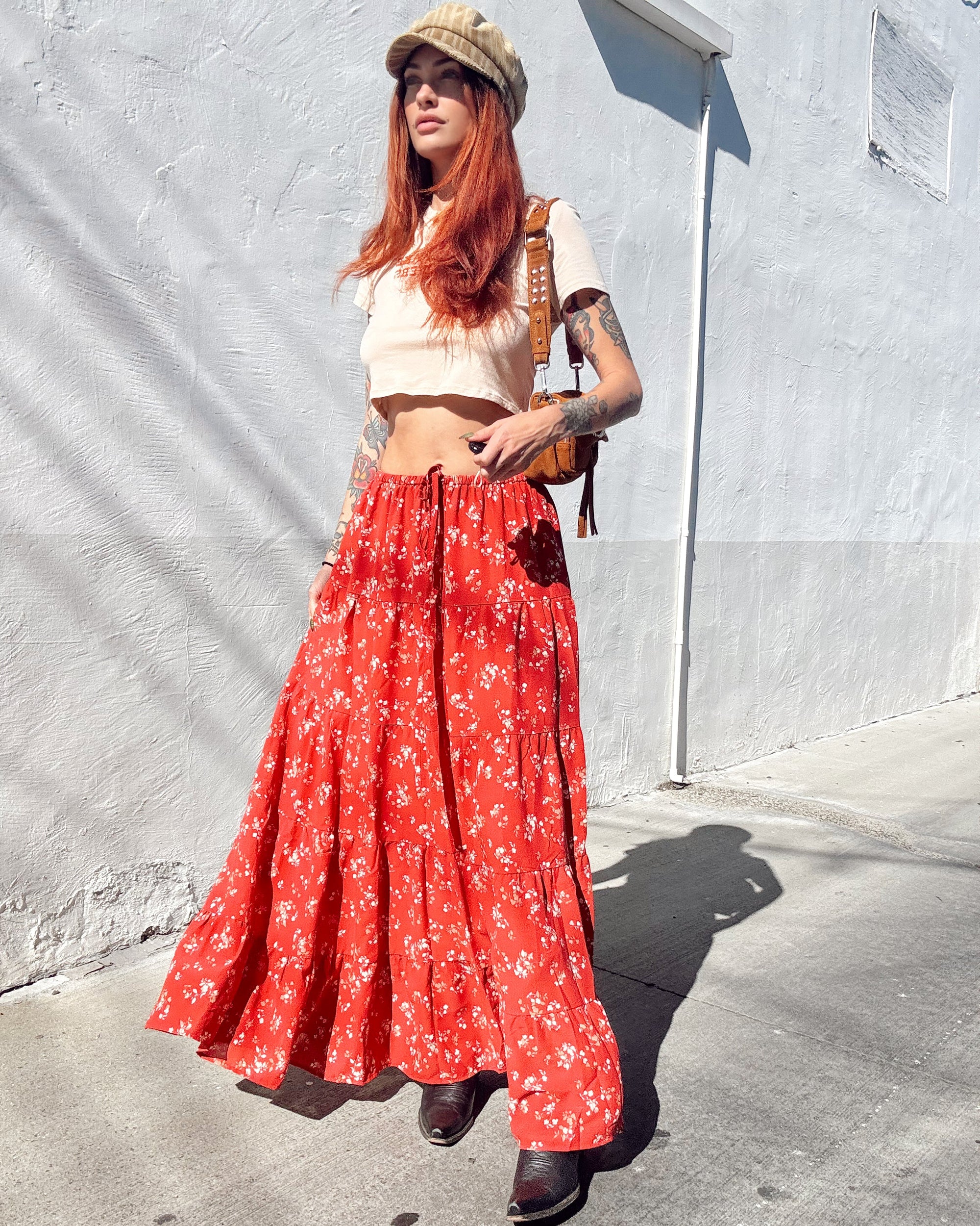 Floral Maxi Skirt - Red
