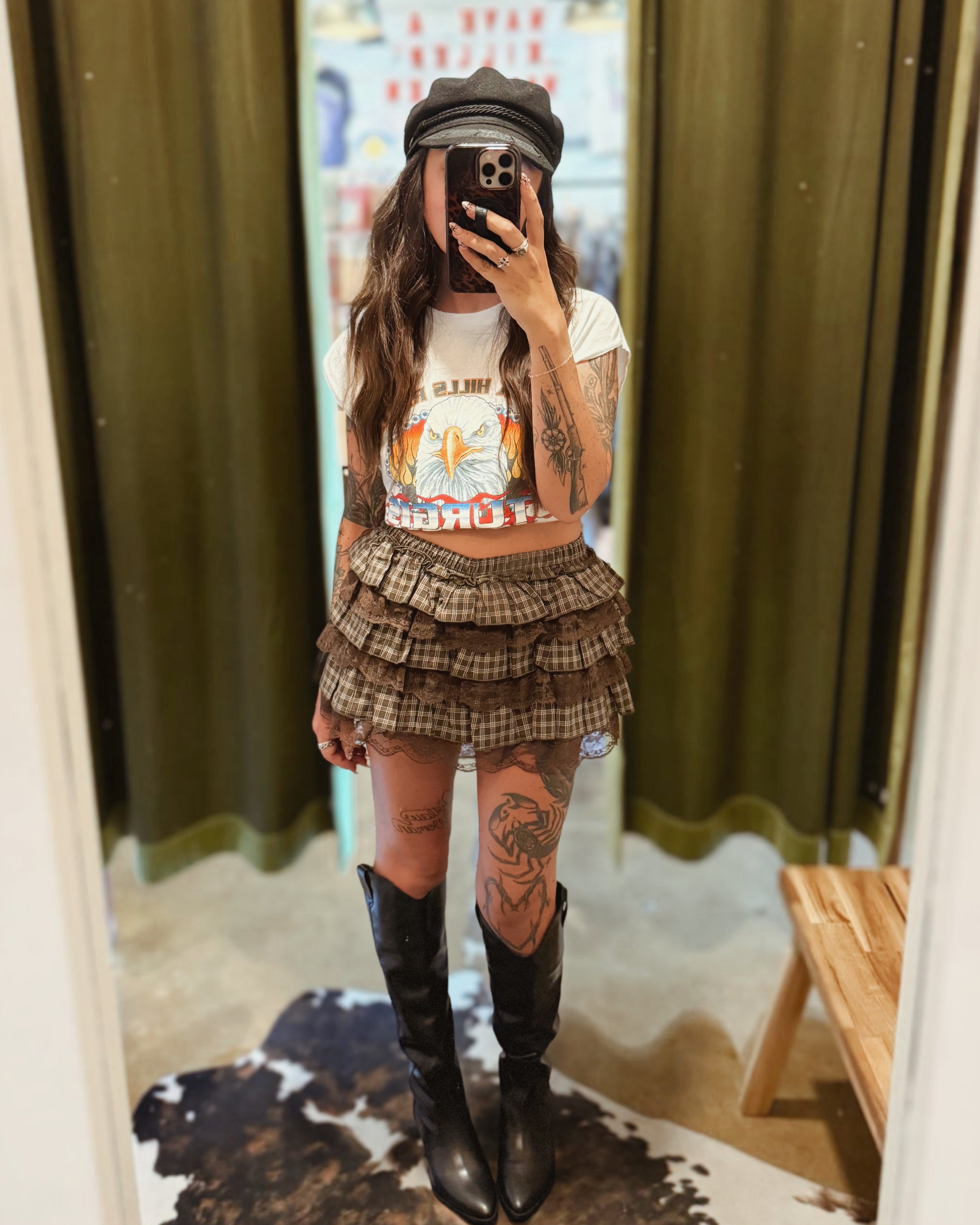 Tiered Ruffle Plaid Mini Skort - Mocha