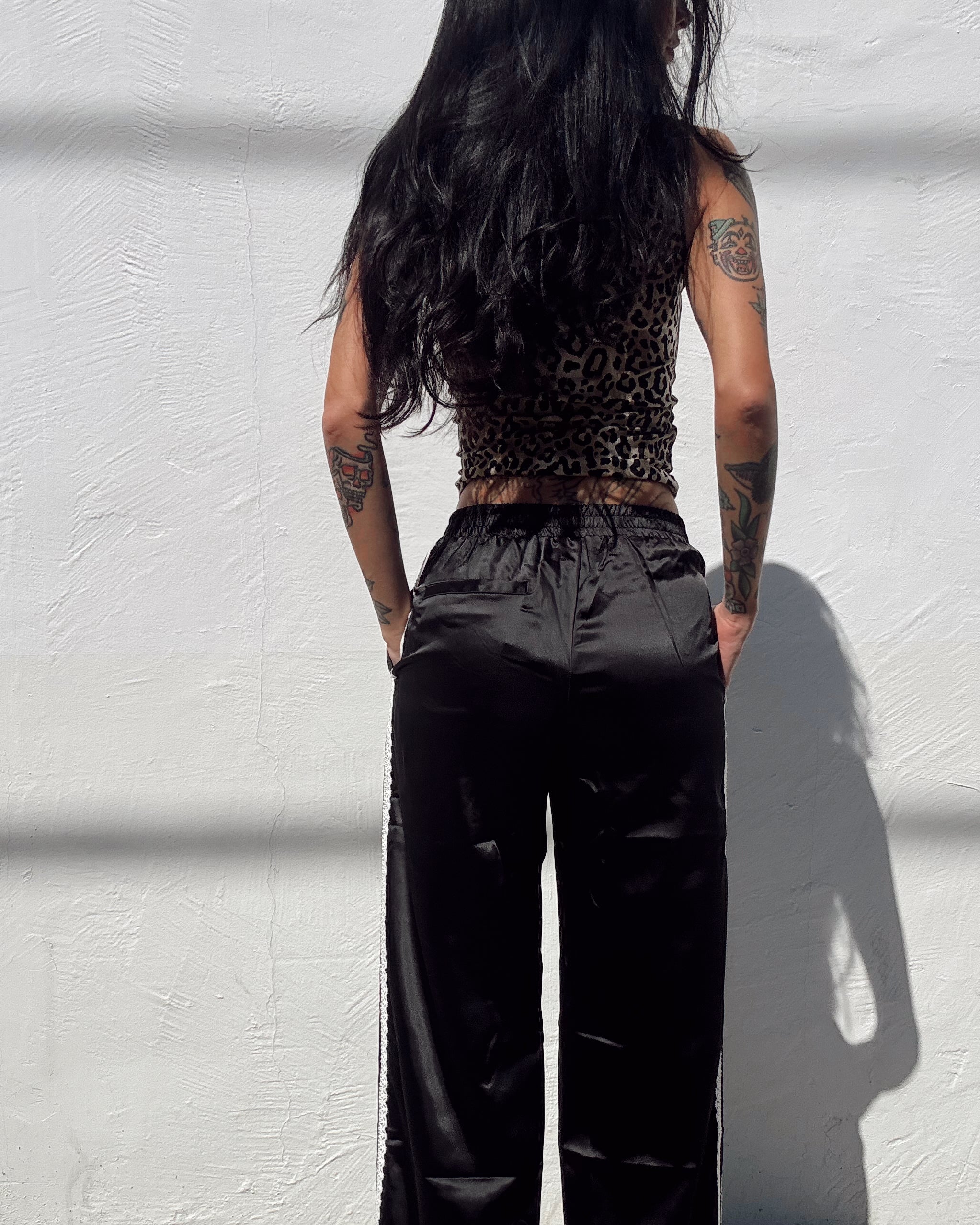 Lace Stripe Wide Leg Satin Pant