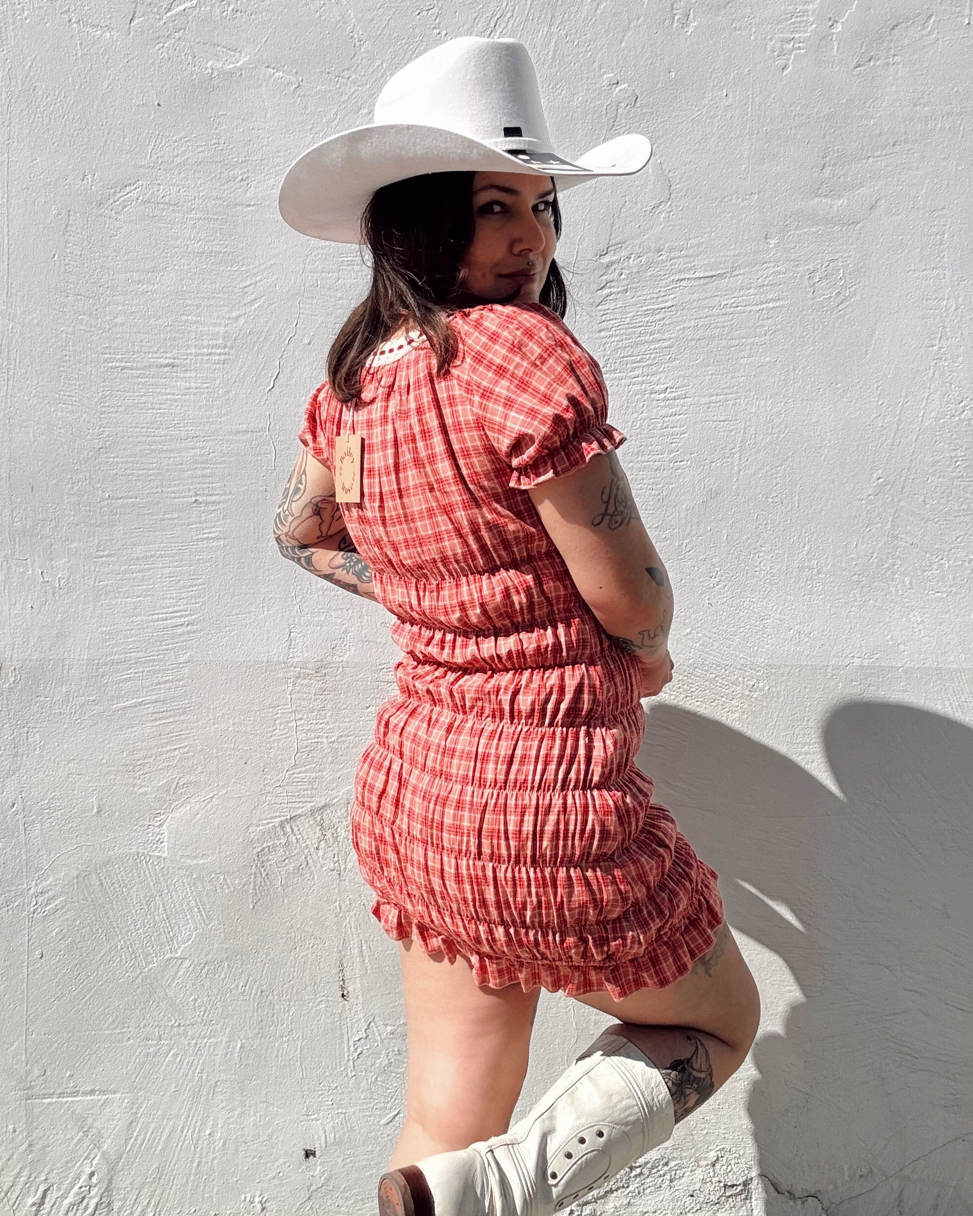 Rouched Plaid Mini Dress - Burnout