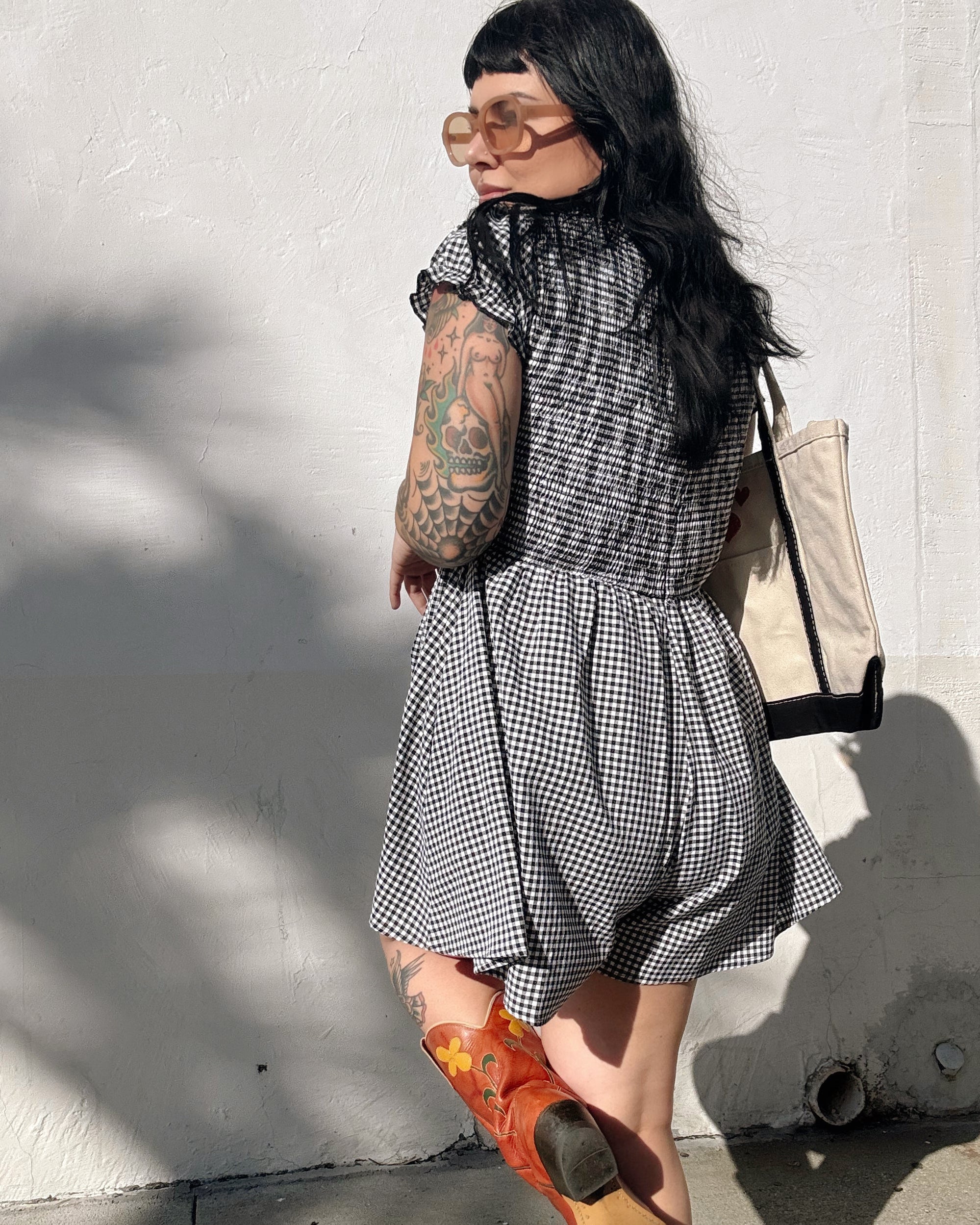Gingham Shirred Romper - Black