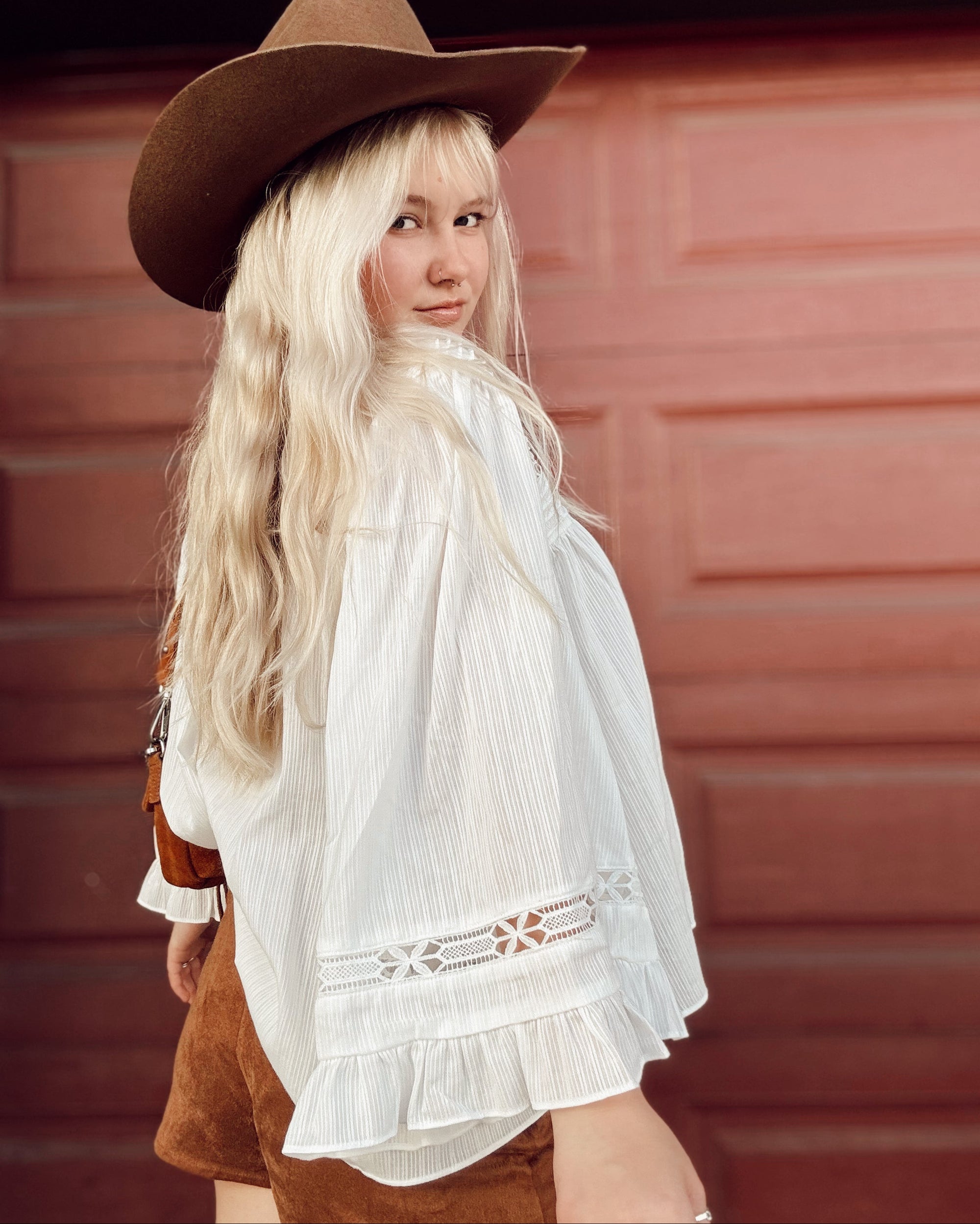 Bell Sleeve Crochet Trim Top