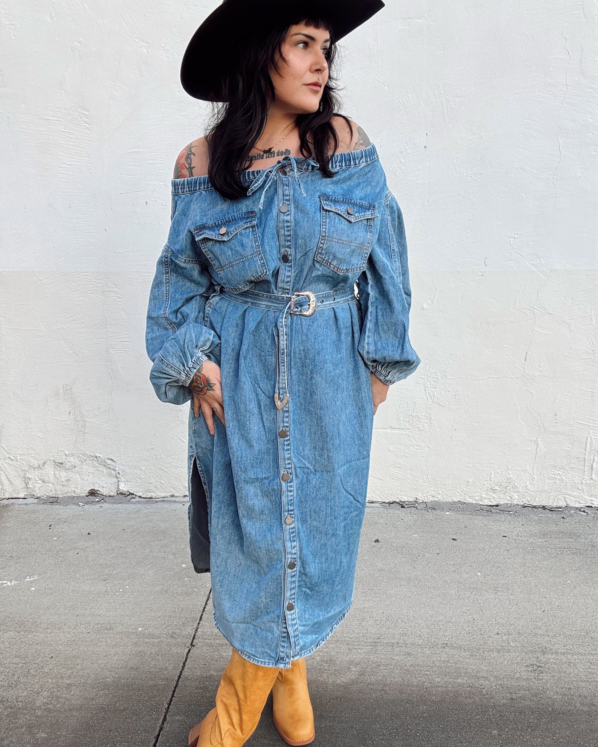 Off The Shoulder Denim Midi Dress