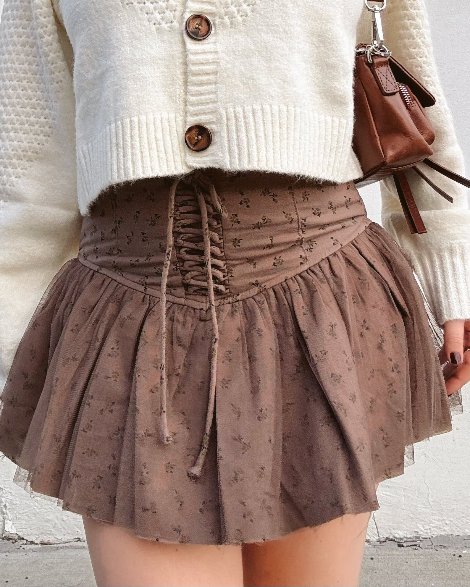 Floral Lace Up Mini Skort - Mocha