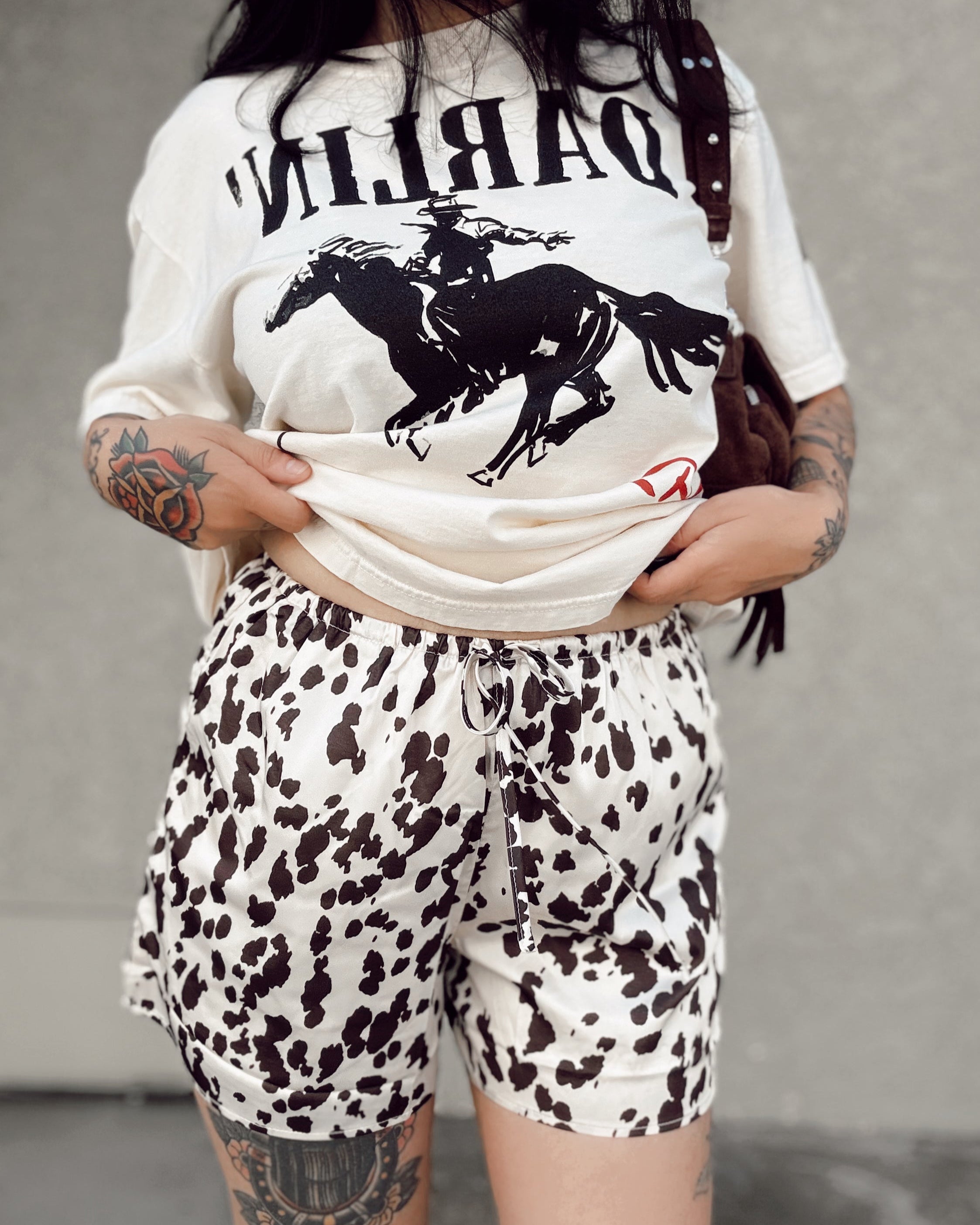 Cow Print Satin Boxer Shorts - Burnout