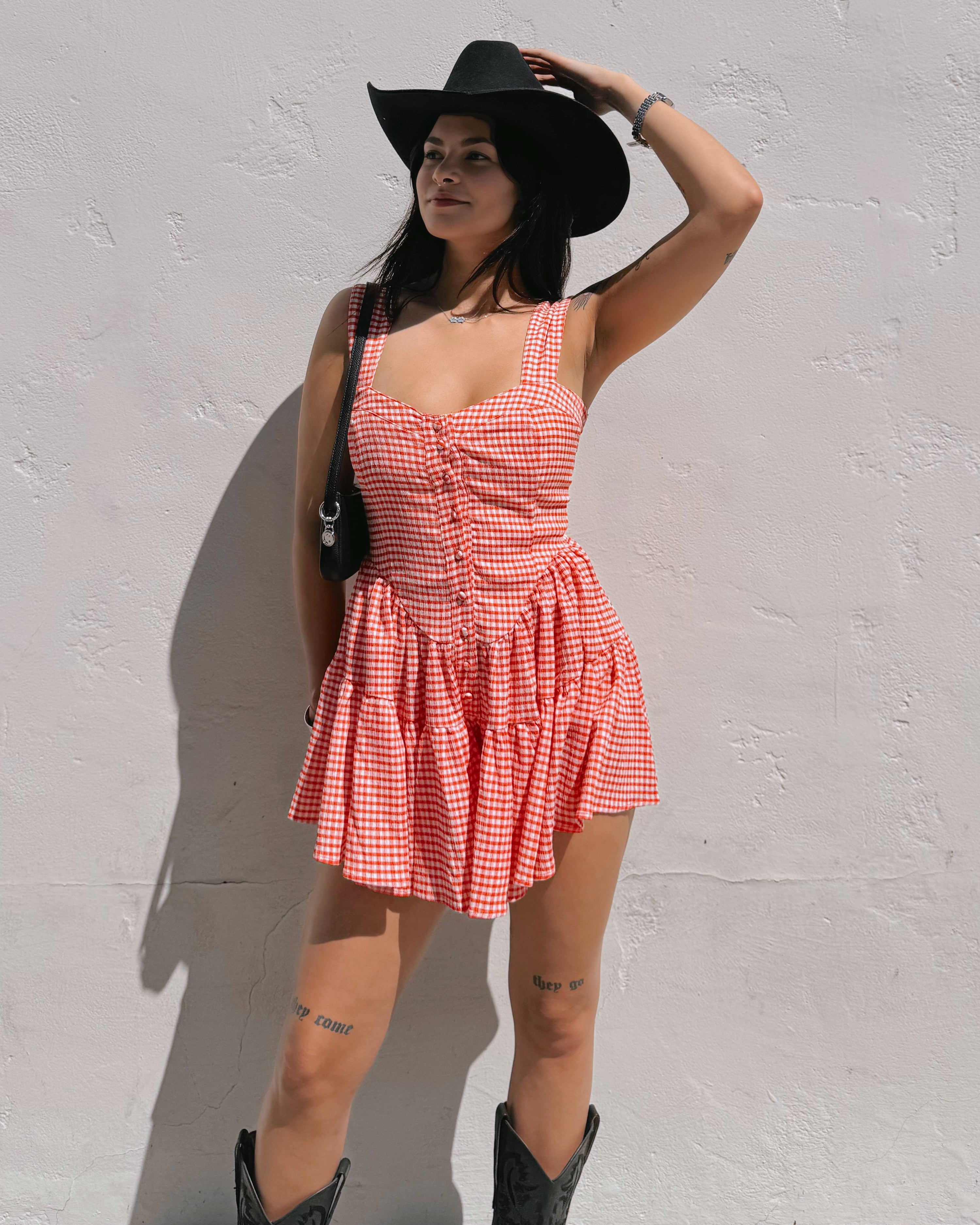 Gingham Romper Dress - Red