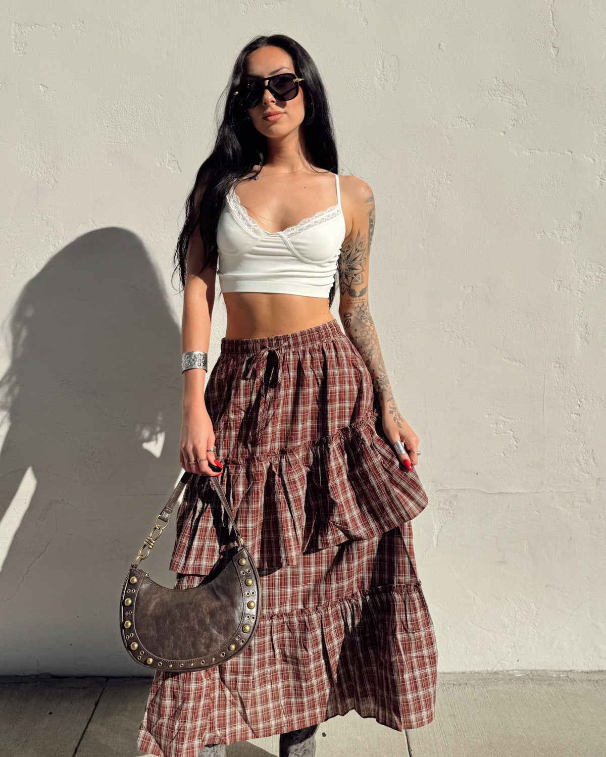 Plaid Tiered Ruffle Maxi Skirt