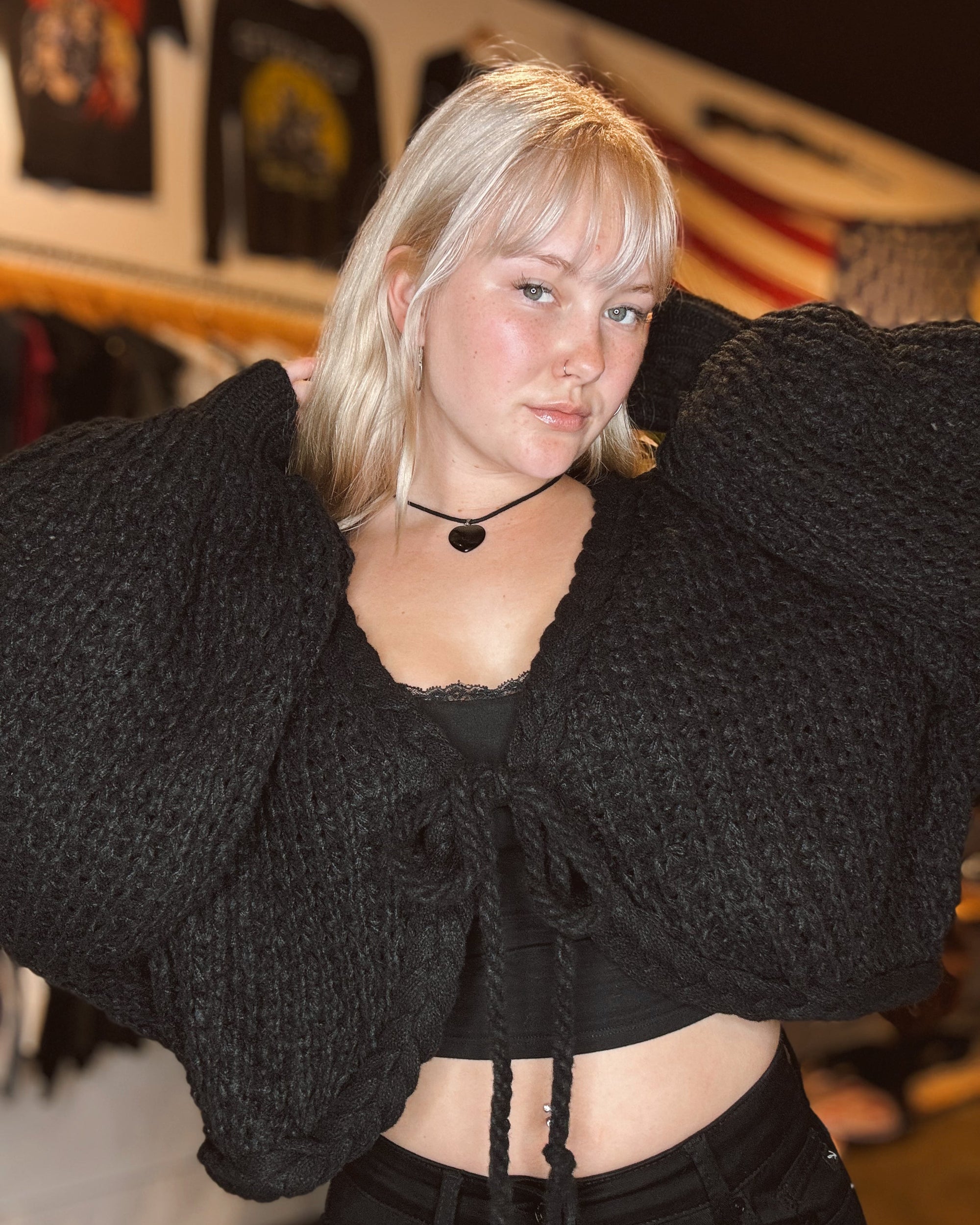 Tie Front Chunky Knit Cardigan - Black