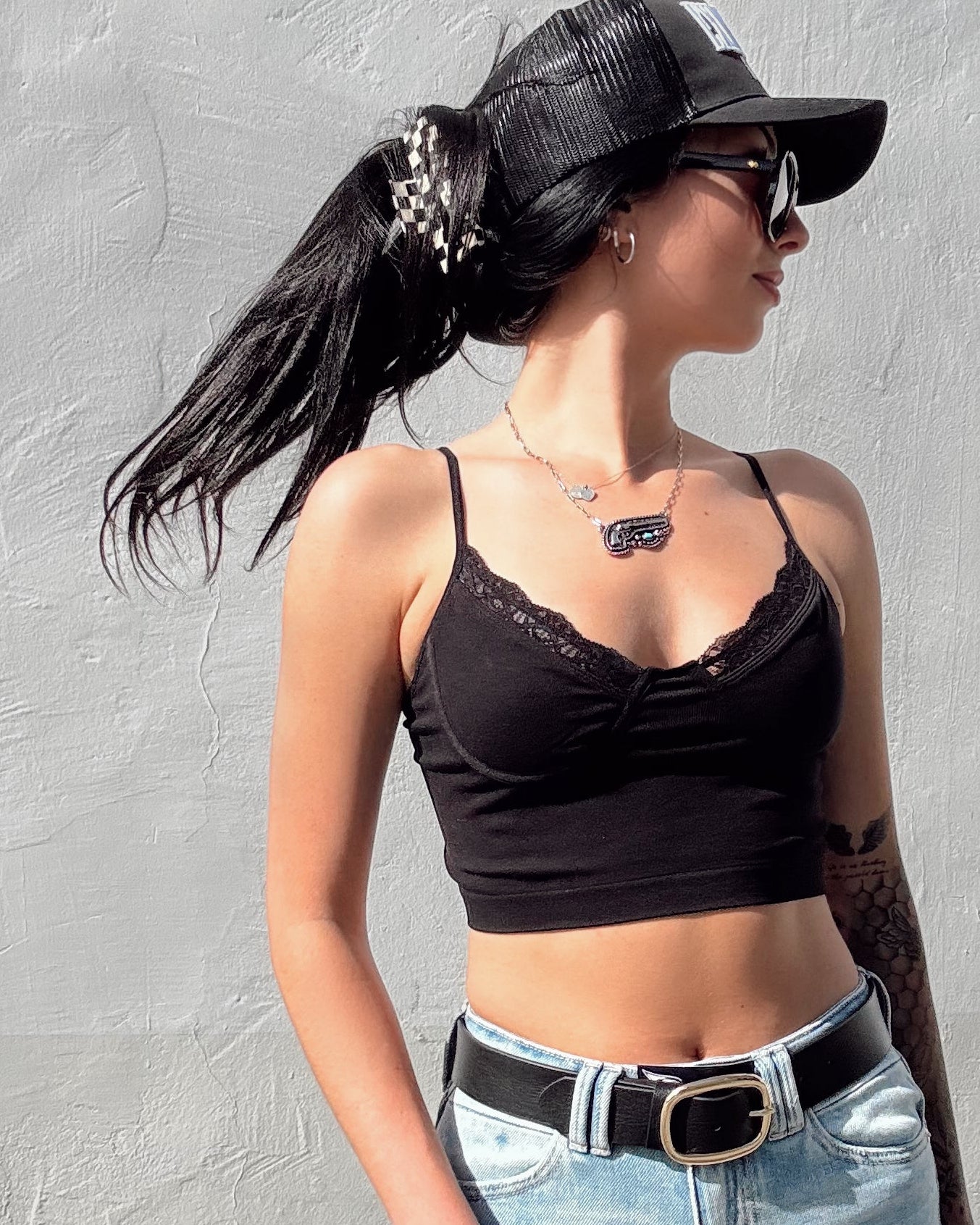 Lace Trim Corset Style Tank - Black