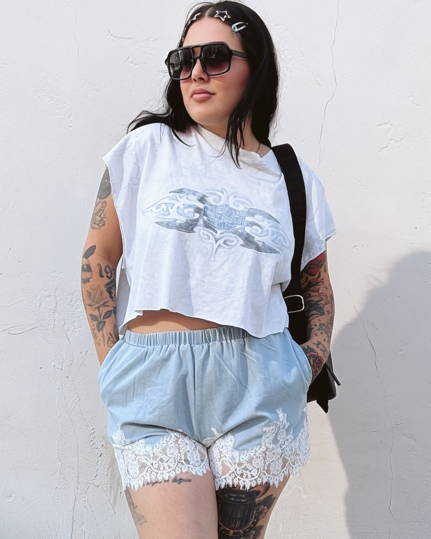 Lace Trim Denim Shorts