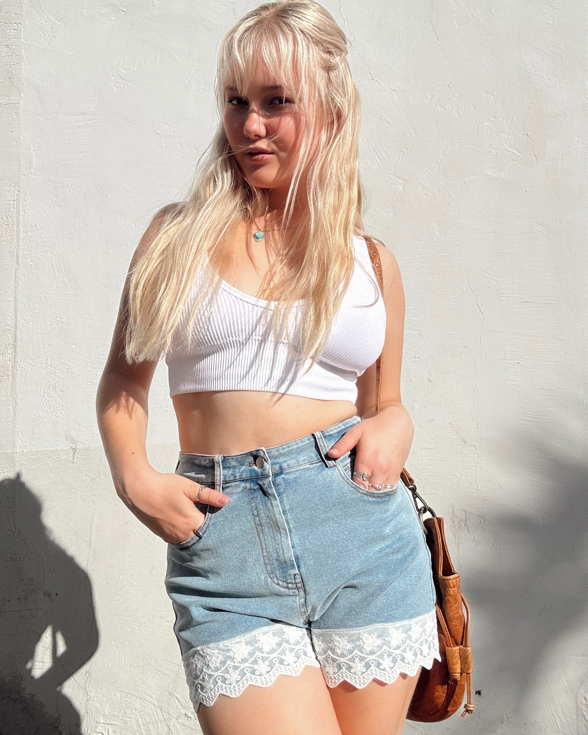 Lace Trim Denim Shorts