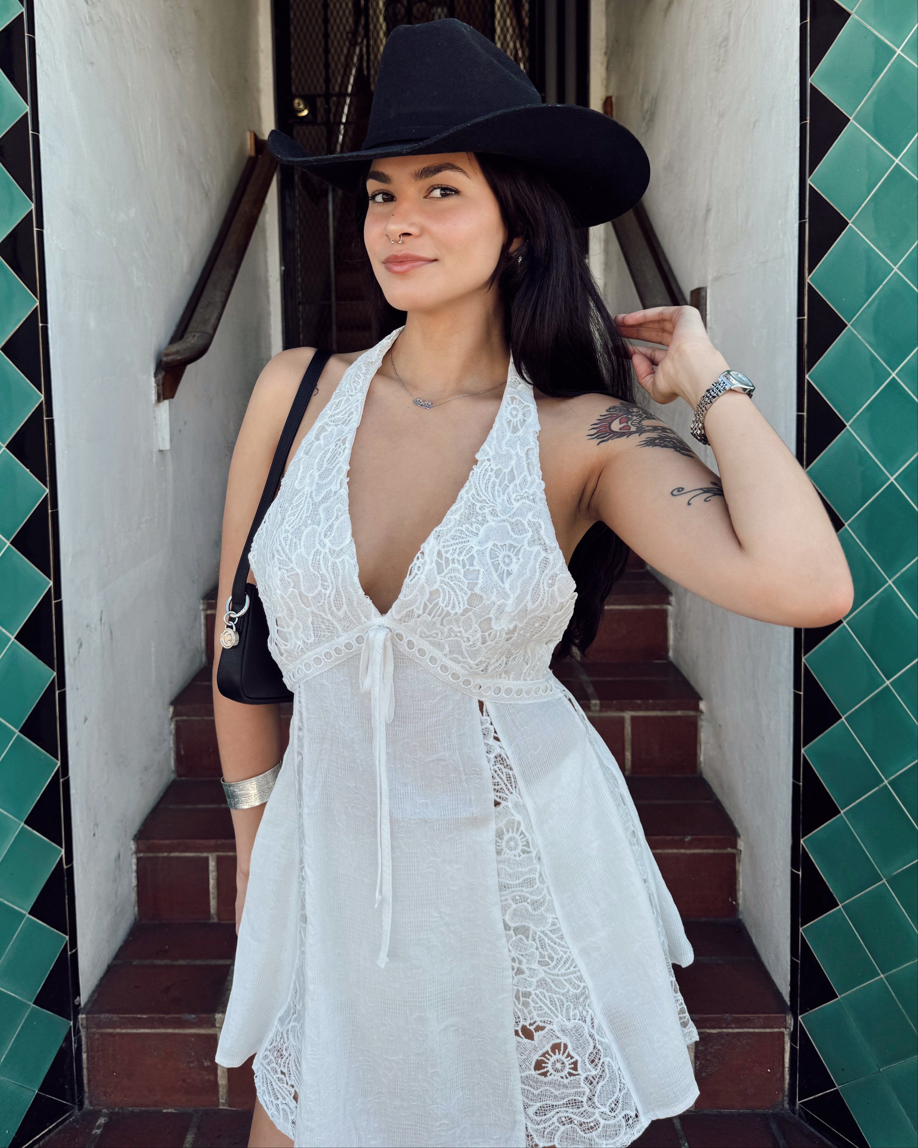 Lace Trim Halter Mini Dress