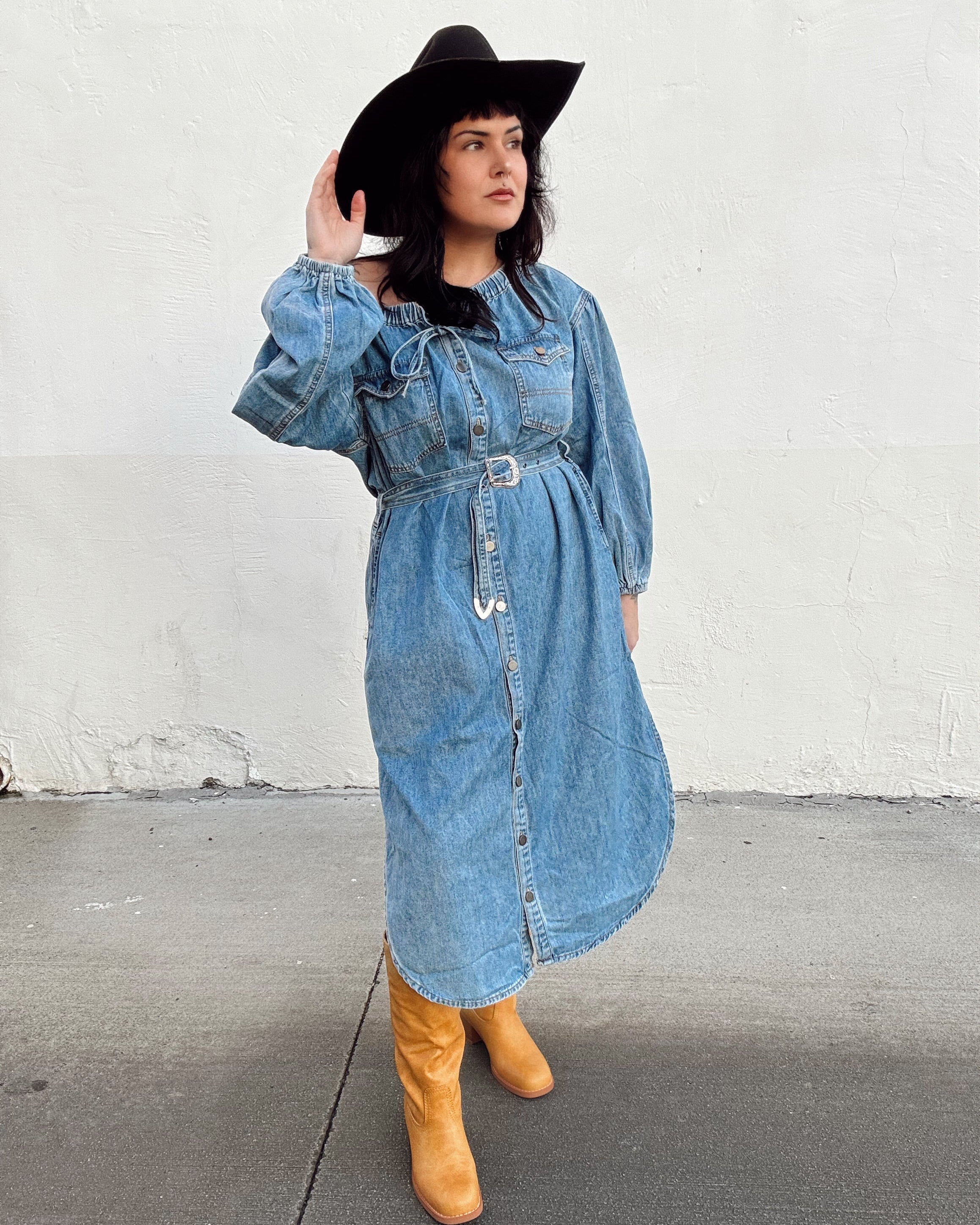 Off The Shoulder Denim Midi Dress