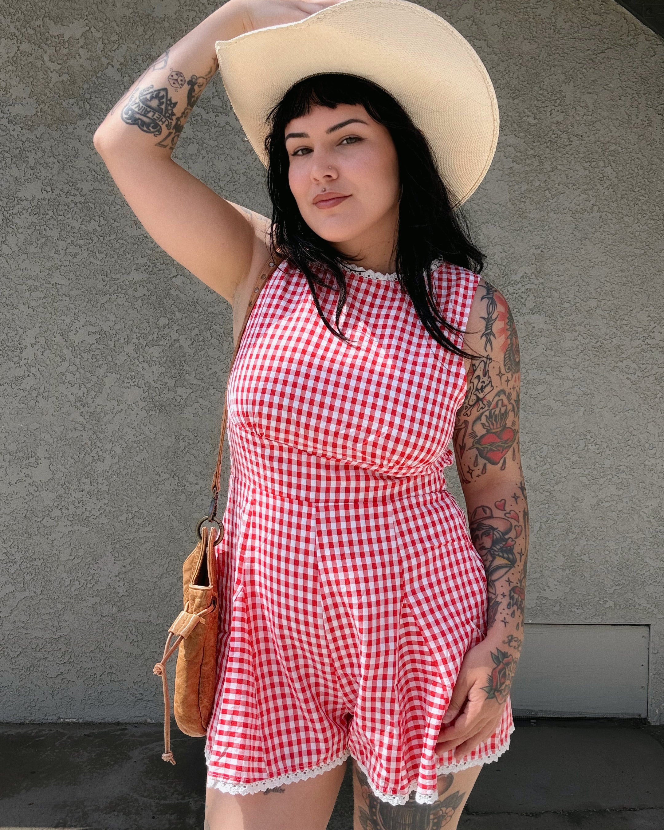 Lace Trim Gingham Romper