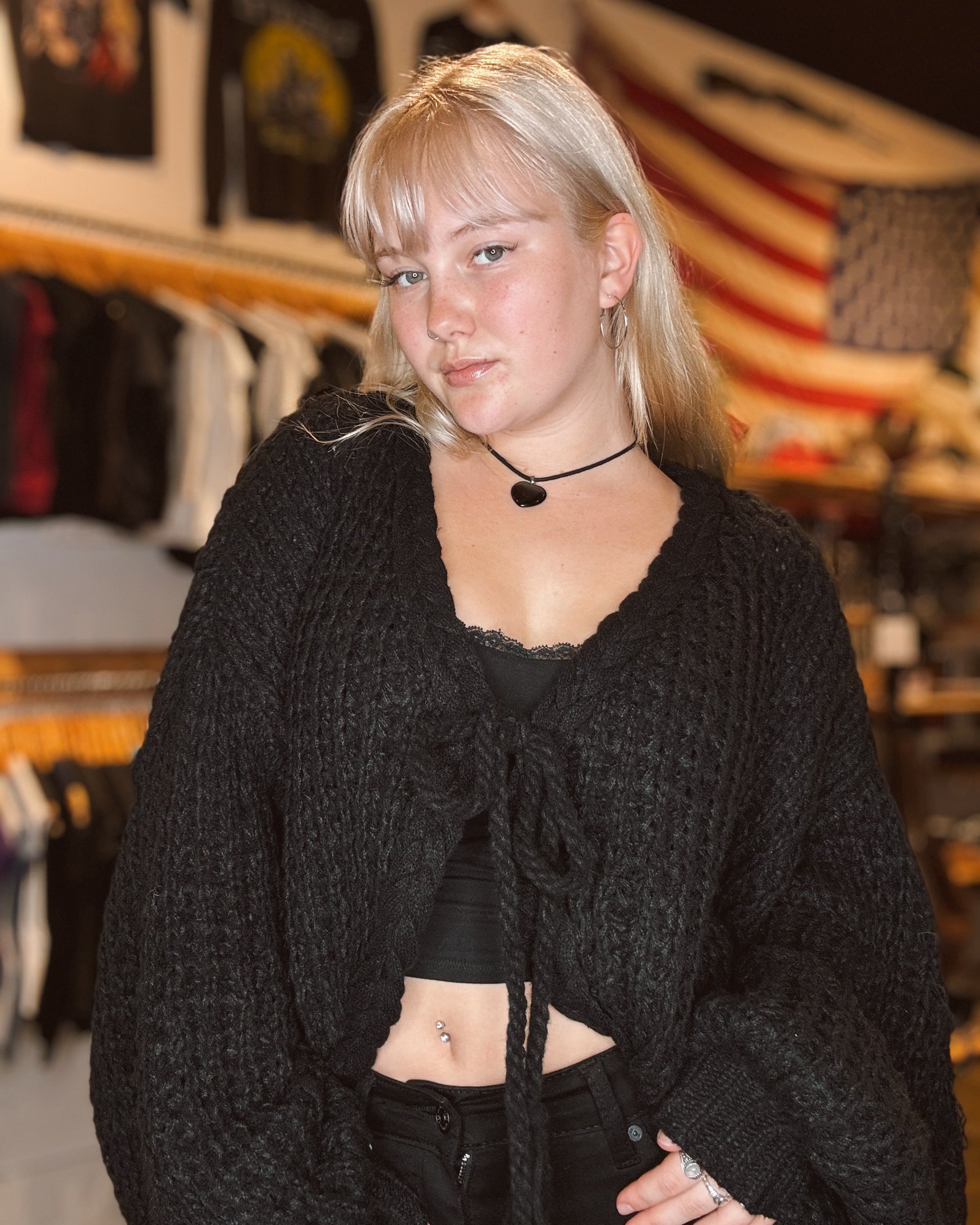 Tie Front Chunky Knit Cardigan - Black