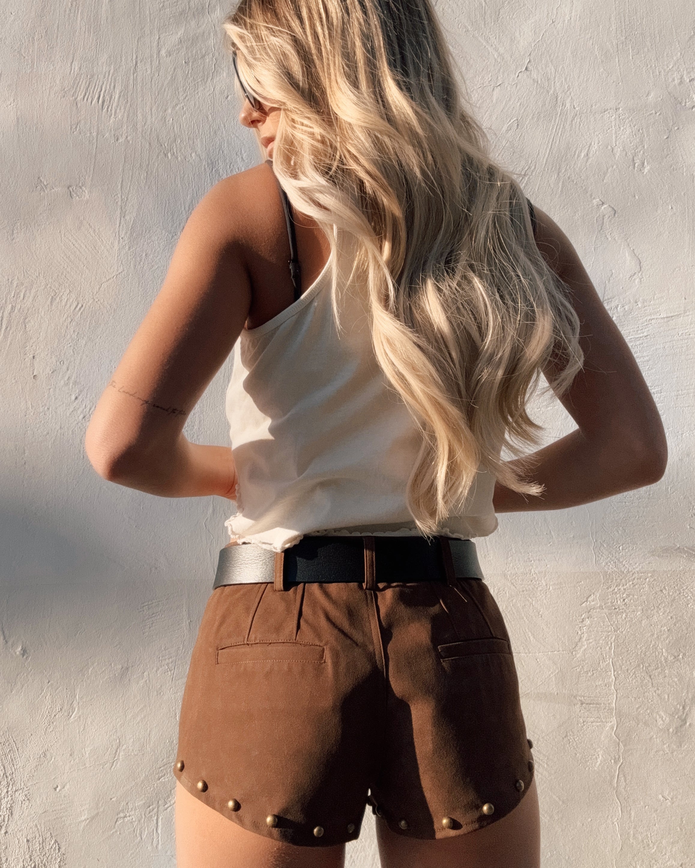 Suede Studded Micro Shorts - Brown