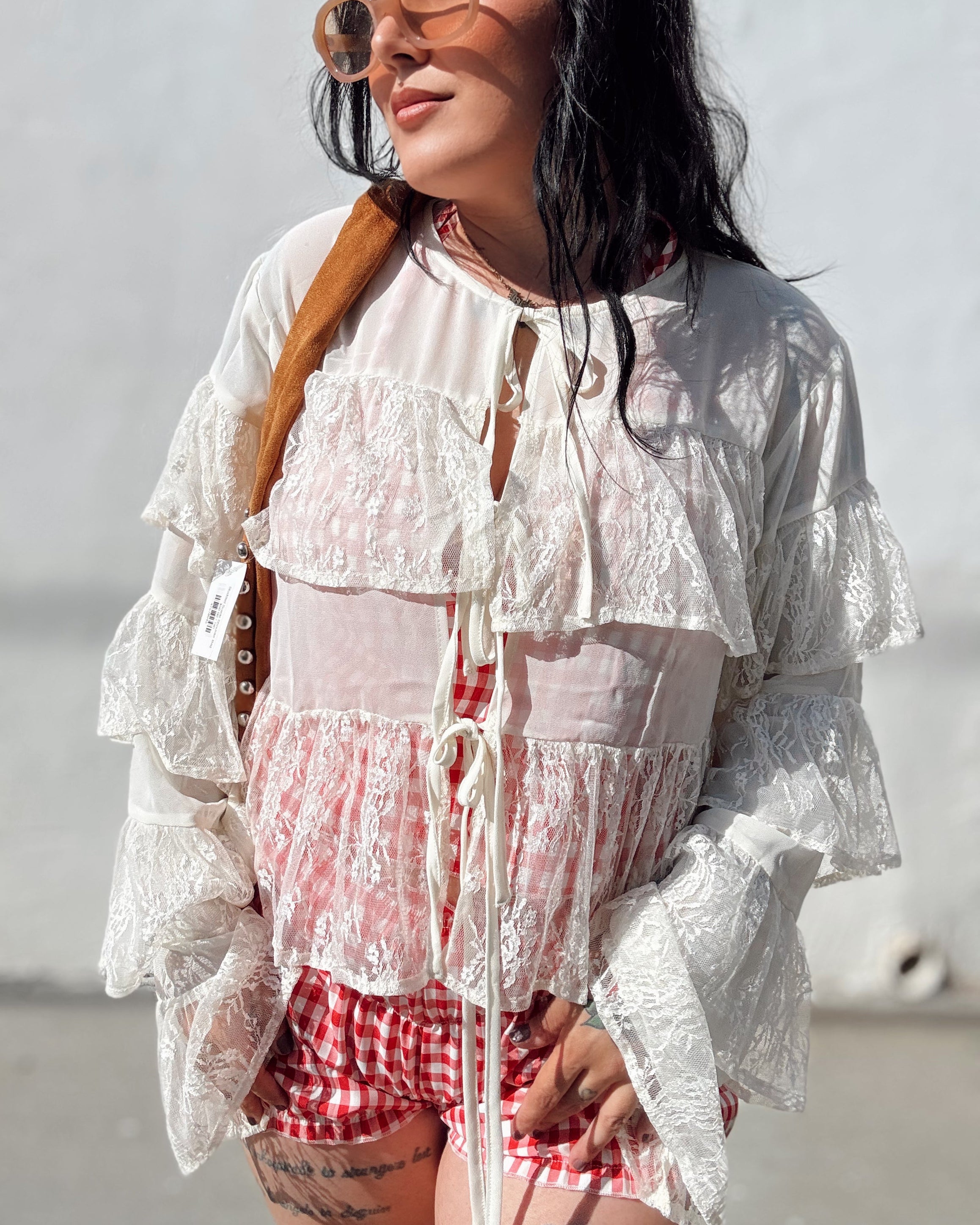 Ruffle Lace Long Sleeve Top - Cream