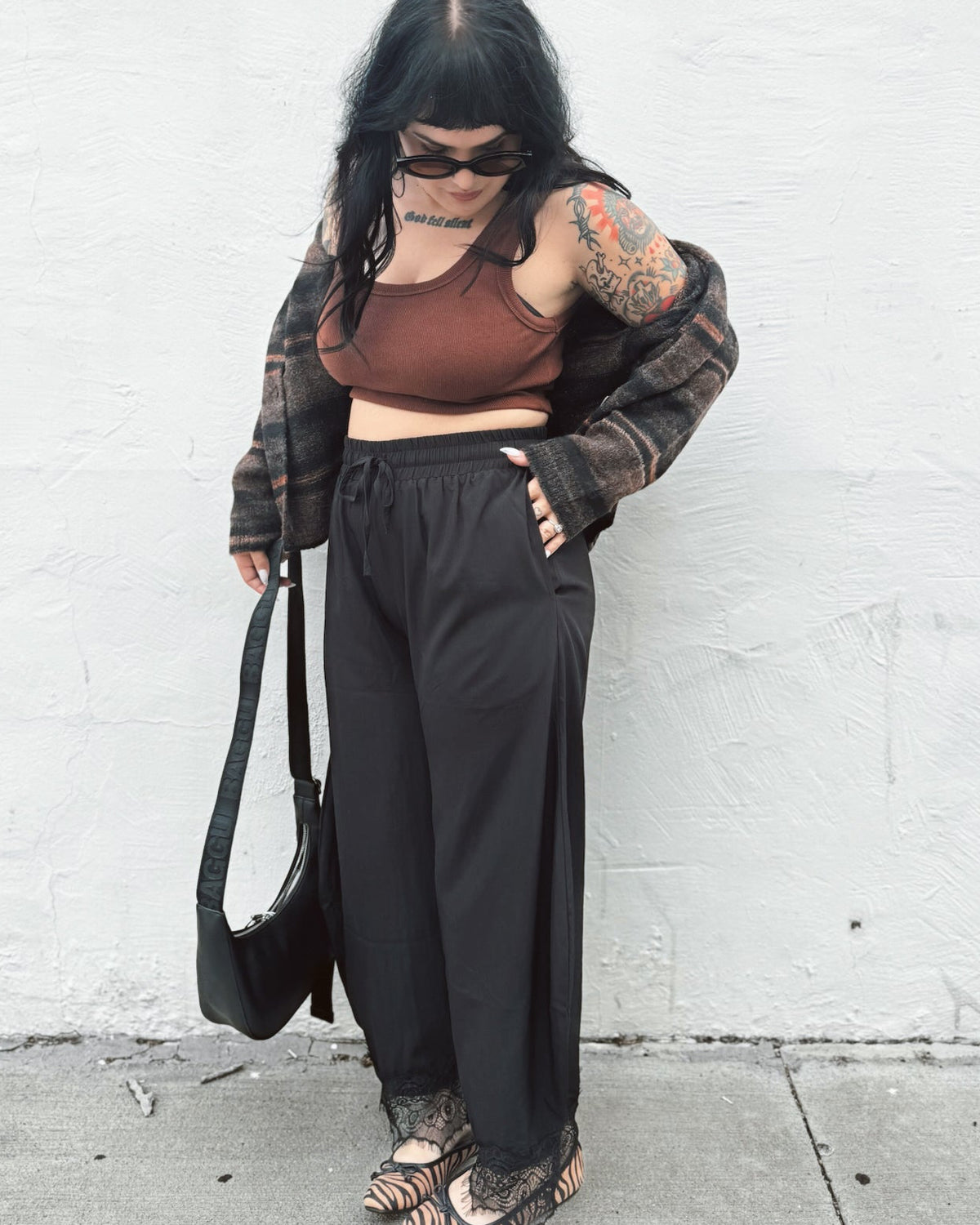 Lace Trim Barrel Pants - Black