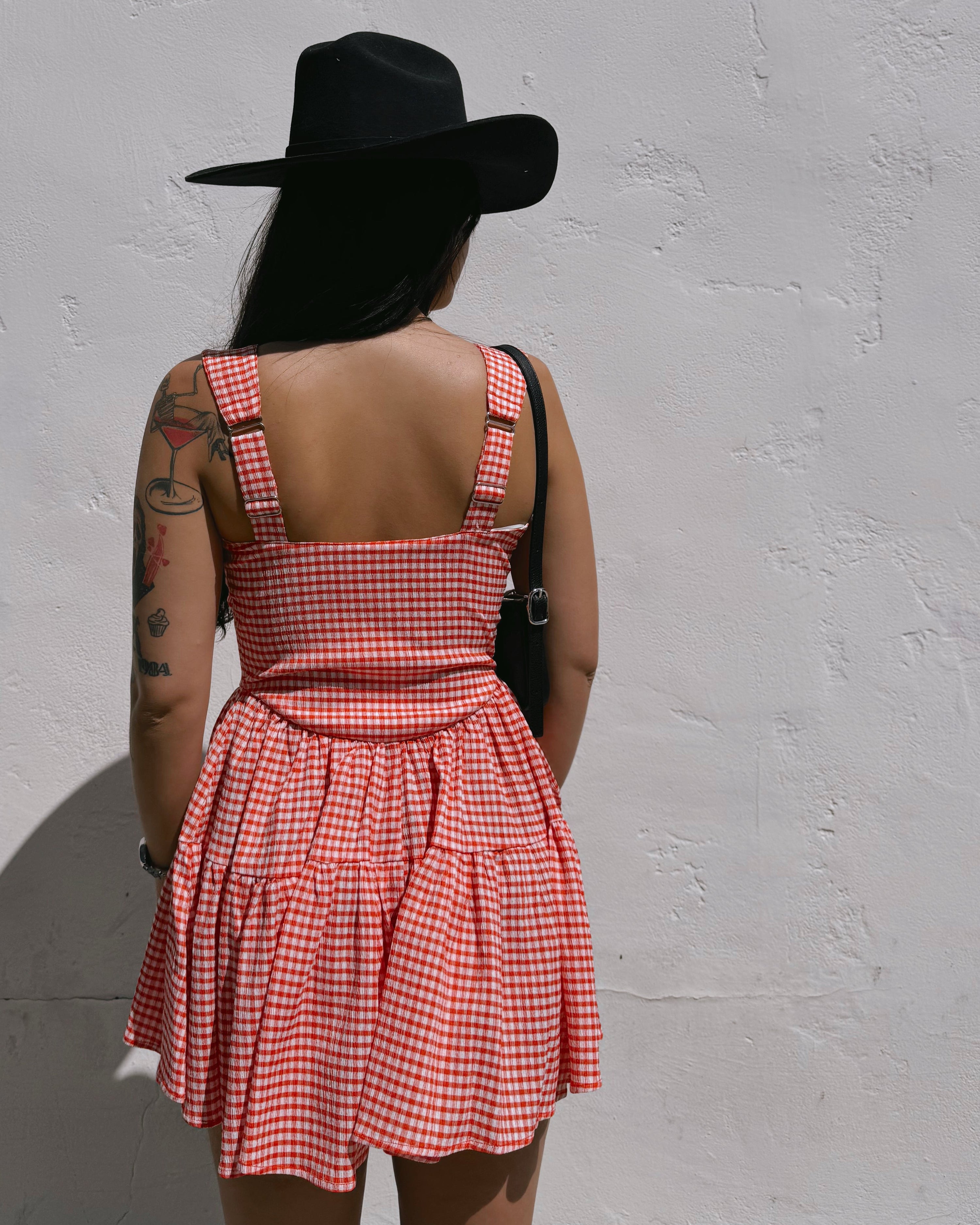 Gingham Romper Dress - Red