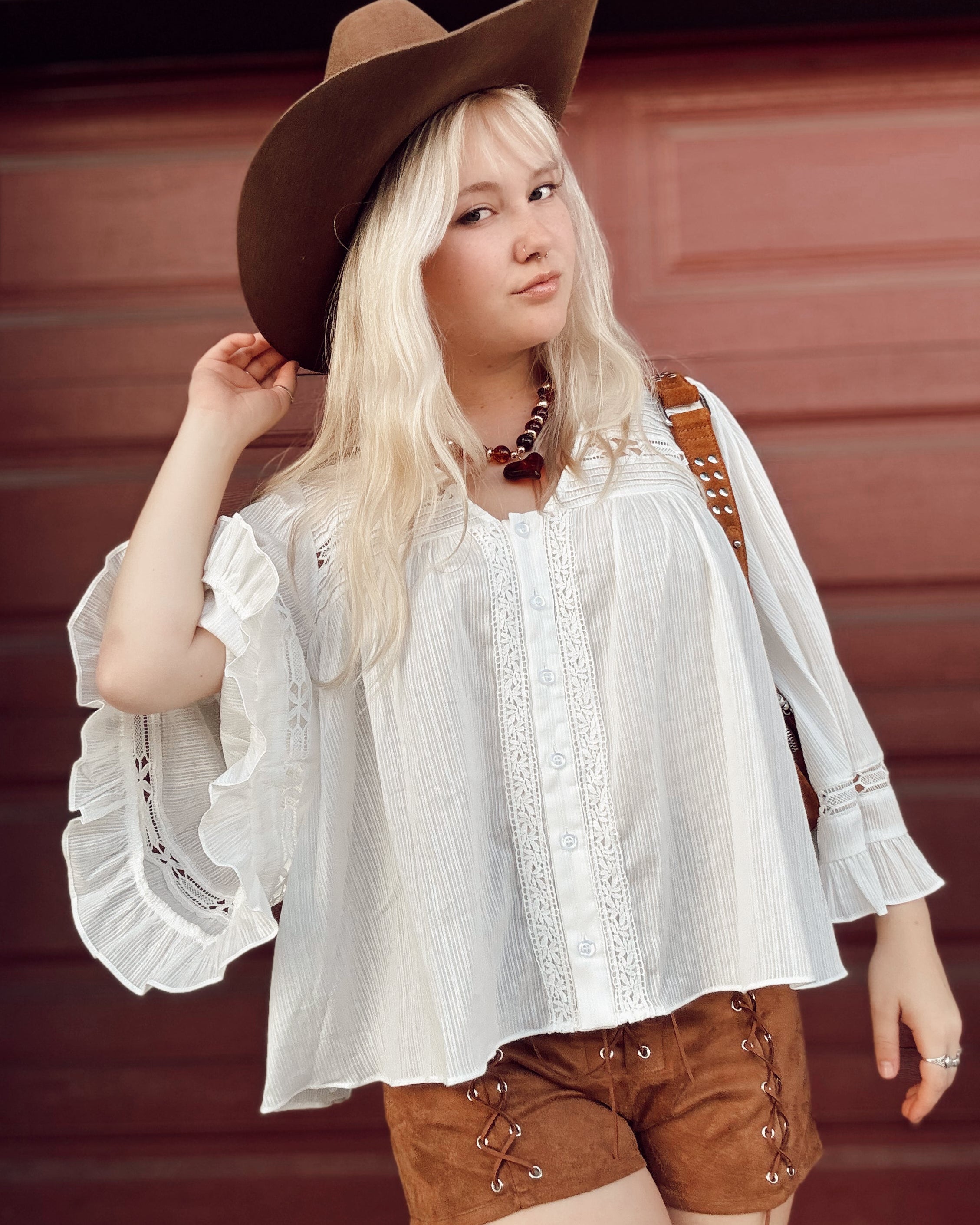Bell Sleeve Crochet Trim Top