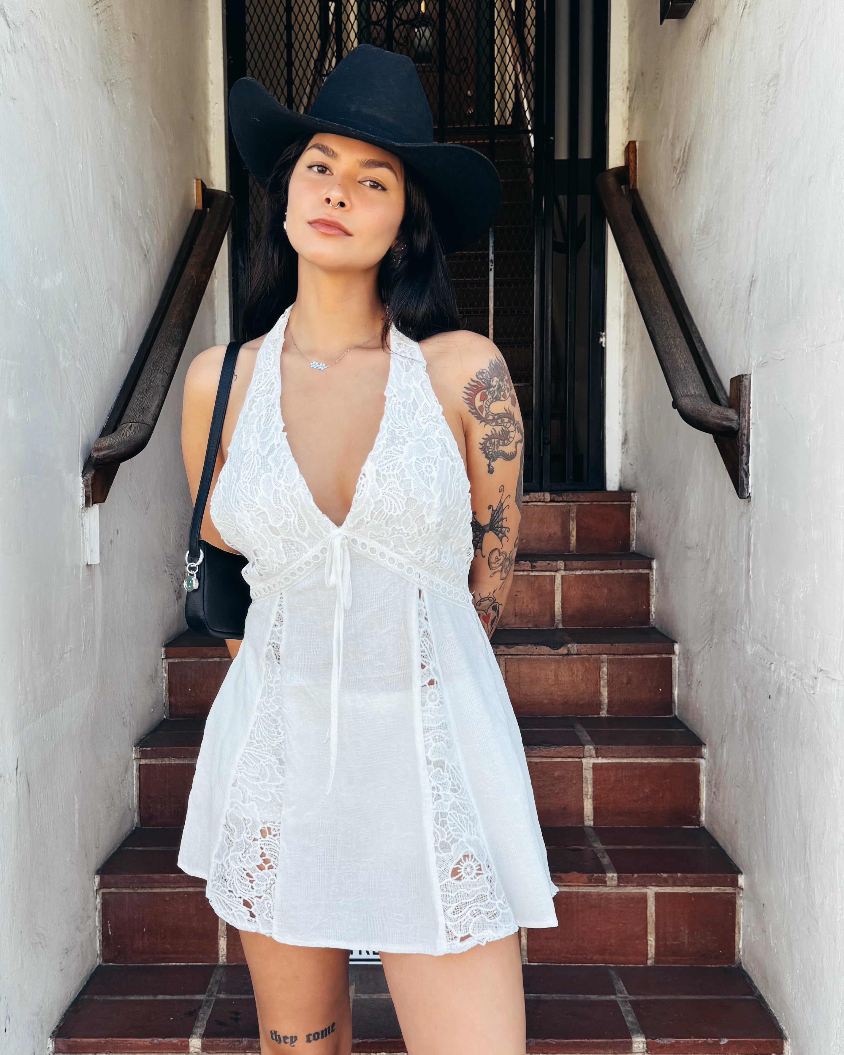 Lace Trim Halter Mini Dress