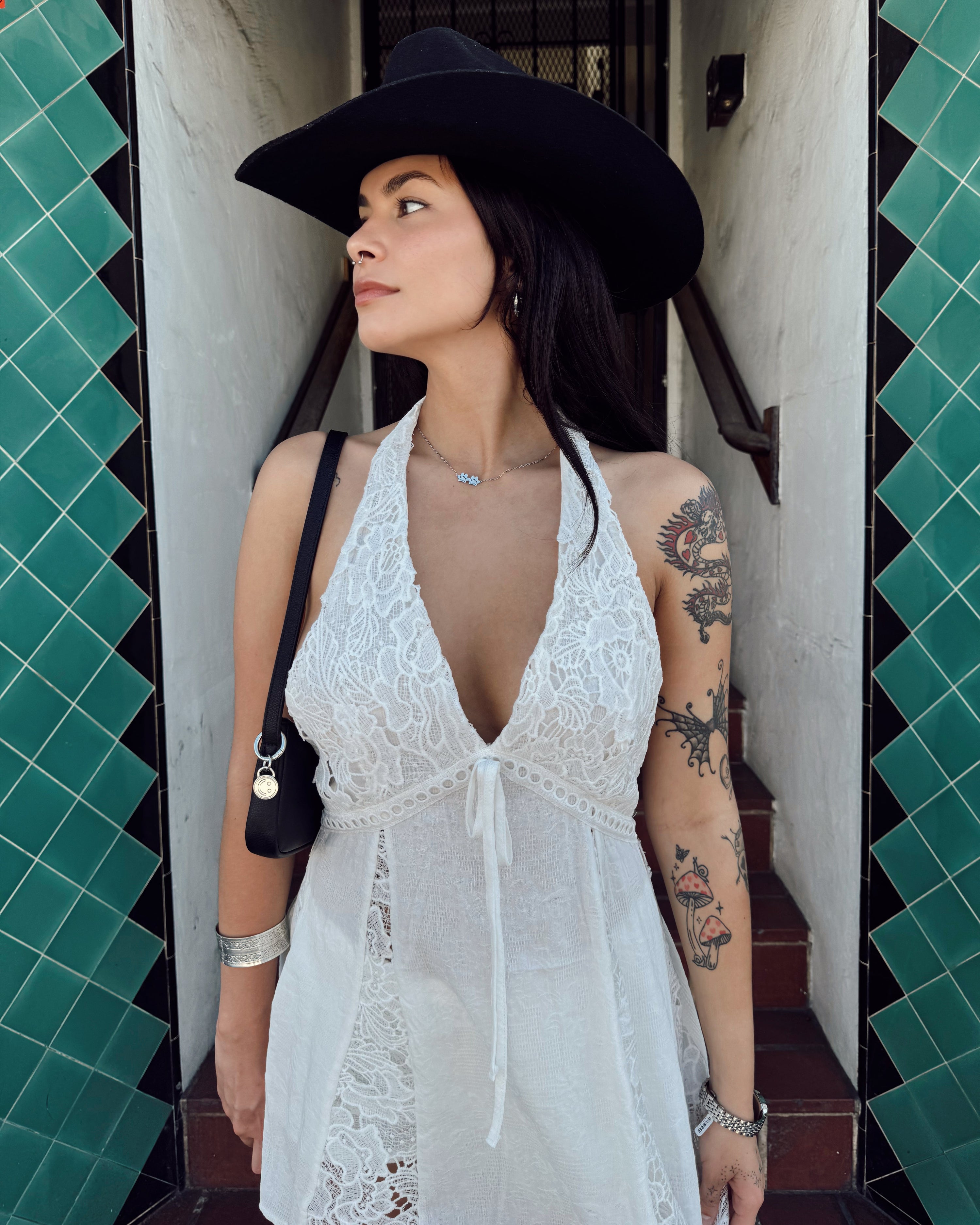 Lace Trim Halter Mini Dress
